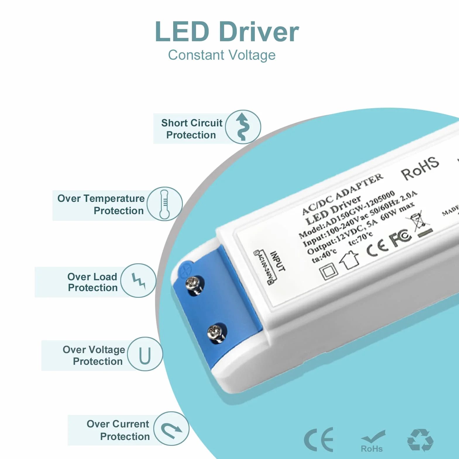 Sterownik LED 12 V 60 W 5 A zasilacz LED, transformator 240 V AC do 12 V DC, napęd LED o stałym napięciu, transformatory LED niskiego napięcia do taśm LED, lamp szafkowych i żarówek LED G4, MR11, MR16