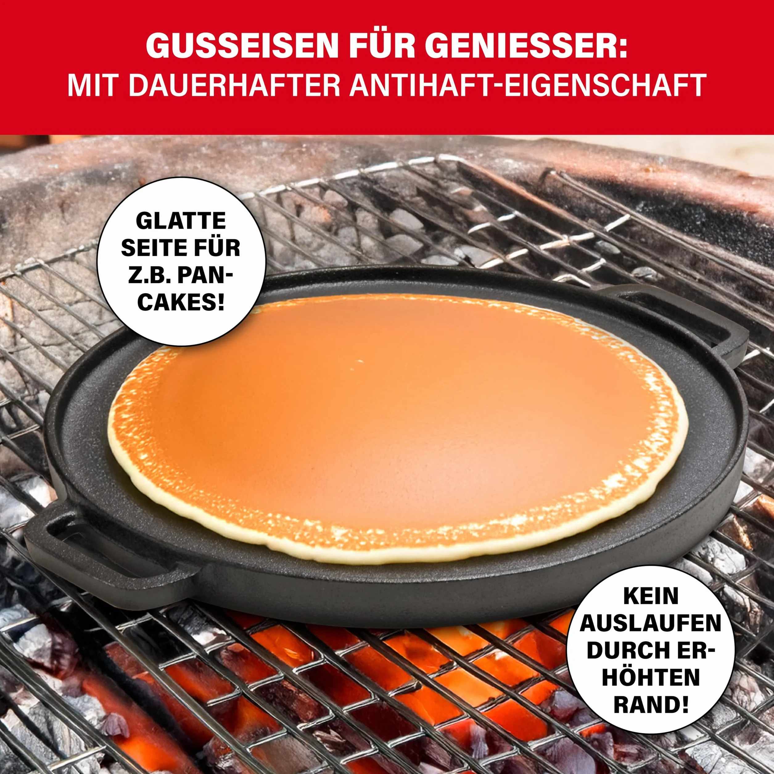 BBQ Boss Żeliwna płyta grillowa [2 w 1], ruszt do grillowania, okrągła płyta do grilla, dwustronna, do grilla i piekarnika, Ø 29,5