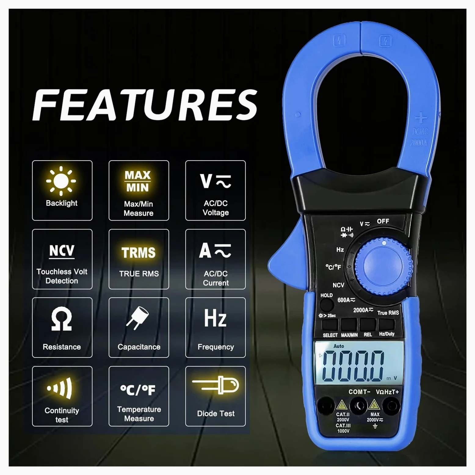 Cęgowy Multimetr Cyfrowy AC/napięcie Prądu Stałego Tester 2000A/2000V Miernik True RMS Podłączanie Telefonu Komórkowego Bluetooth(Blue)