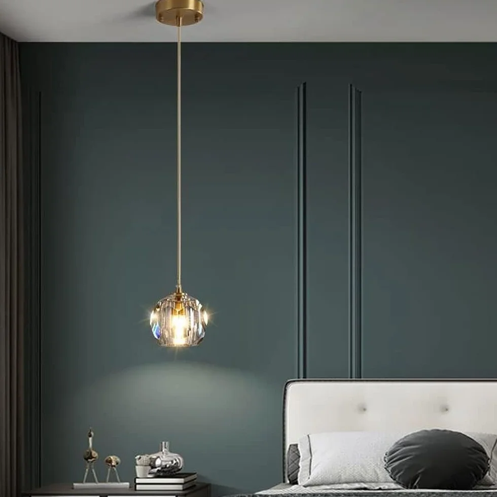 Nowoczesna pojedyncza głowica kryształowa szklana lampa wisząca LED luksusowa lampa wisząca z kutego żelaza długa linia mała lampa wisząca Nordic sypialnia nocna mały żyrandol E27
