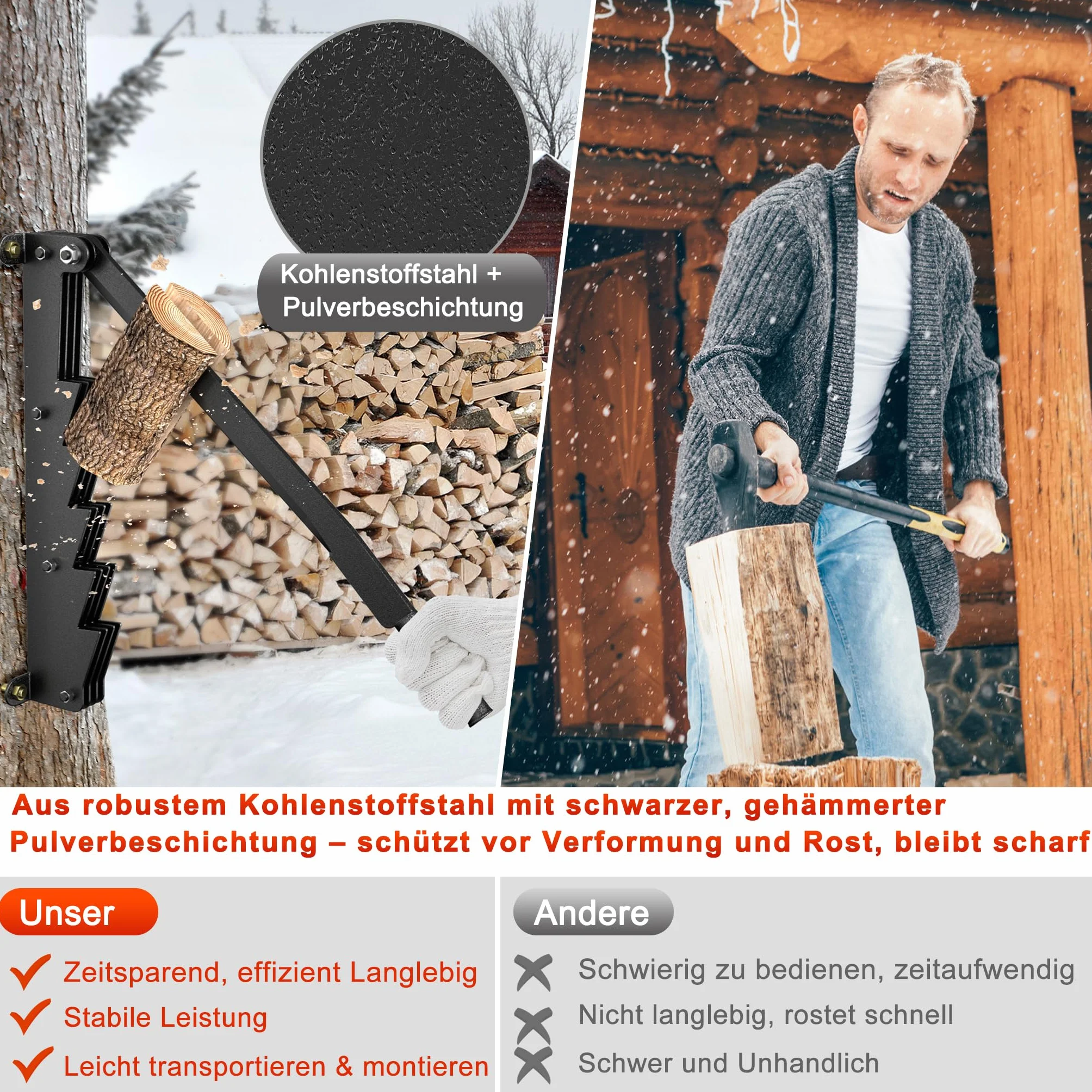 YRHome Ręczna łuparka do drewna opałowego, montaż ścienny, z rękawiczkami i torbą