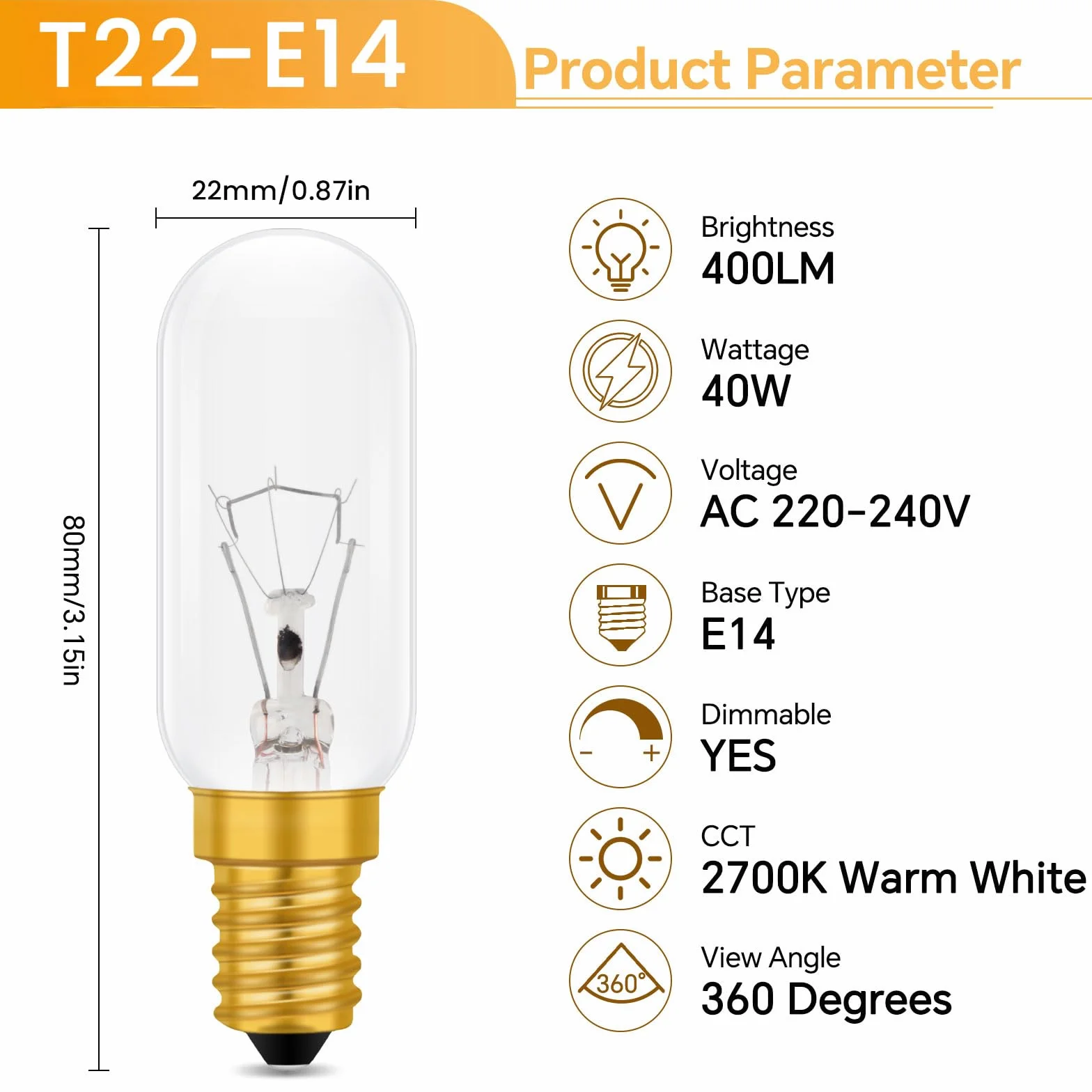 Caldarax Żarówka do okapu kuchennego E14 40 W, 2700K ciepła biel, 350 lm, AC 220-240 V, żarówki T22, żarówka SES E14, do okapu kuchennego, lodówki, zestaw 2 szt