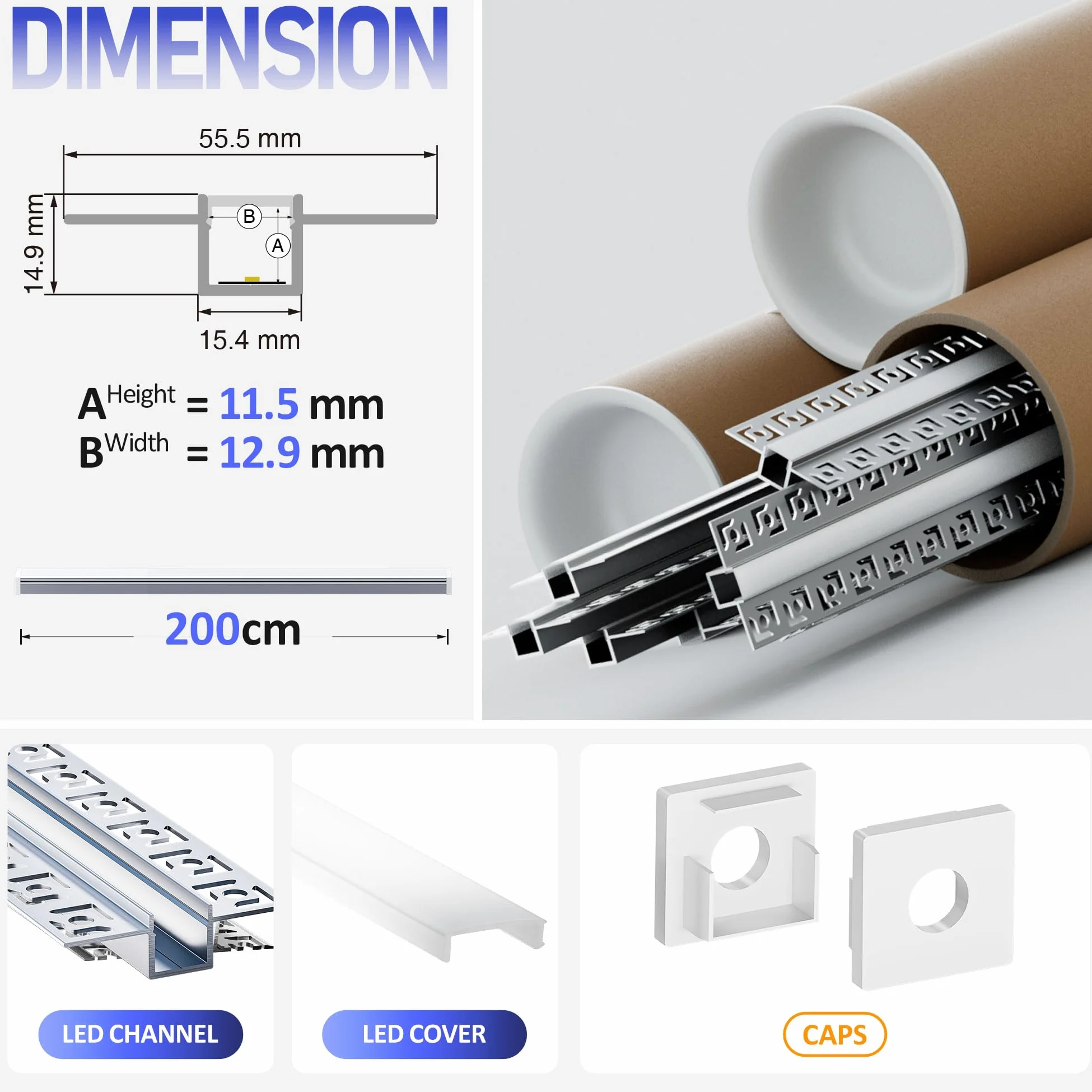 6 x profil LED do suchej zabudowy 2 m, szyna LED 2 m, profil aluminiowy, szyna podtynkowa i dyfuzor natynkowy do oświetlenia pośredniego sufitu