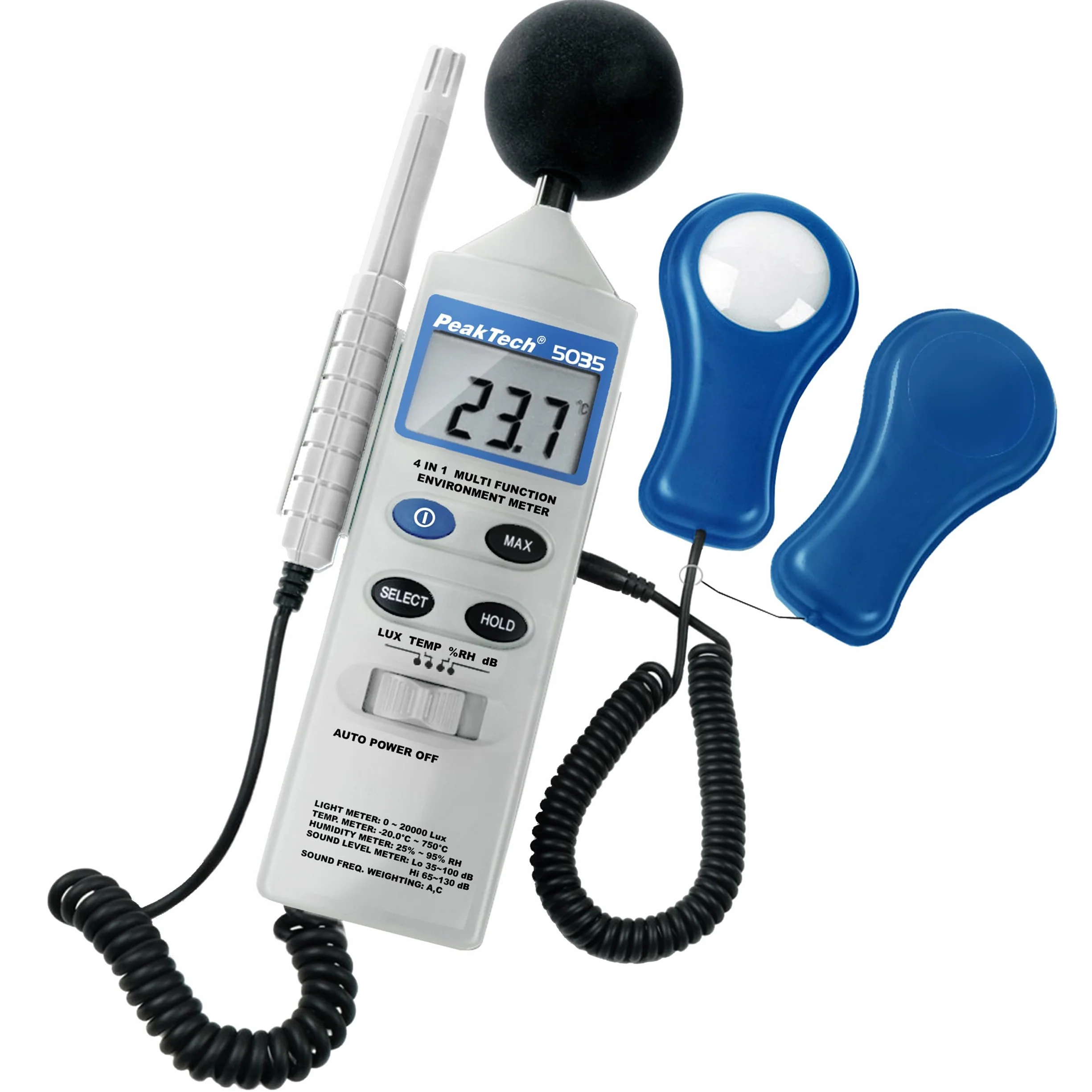 PeakTech P 5035 - Wielofunkcyjny Miernik środowiska ~ z temperaturą, wilgotnością, luksami, poziomem dźwięku