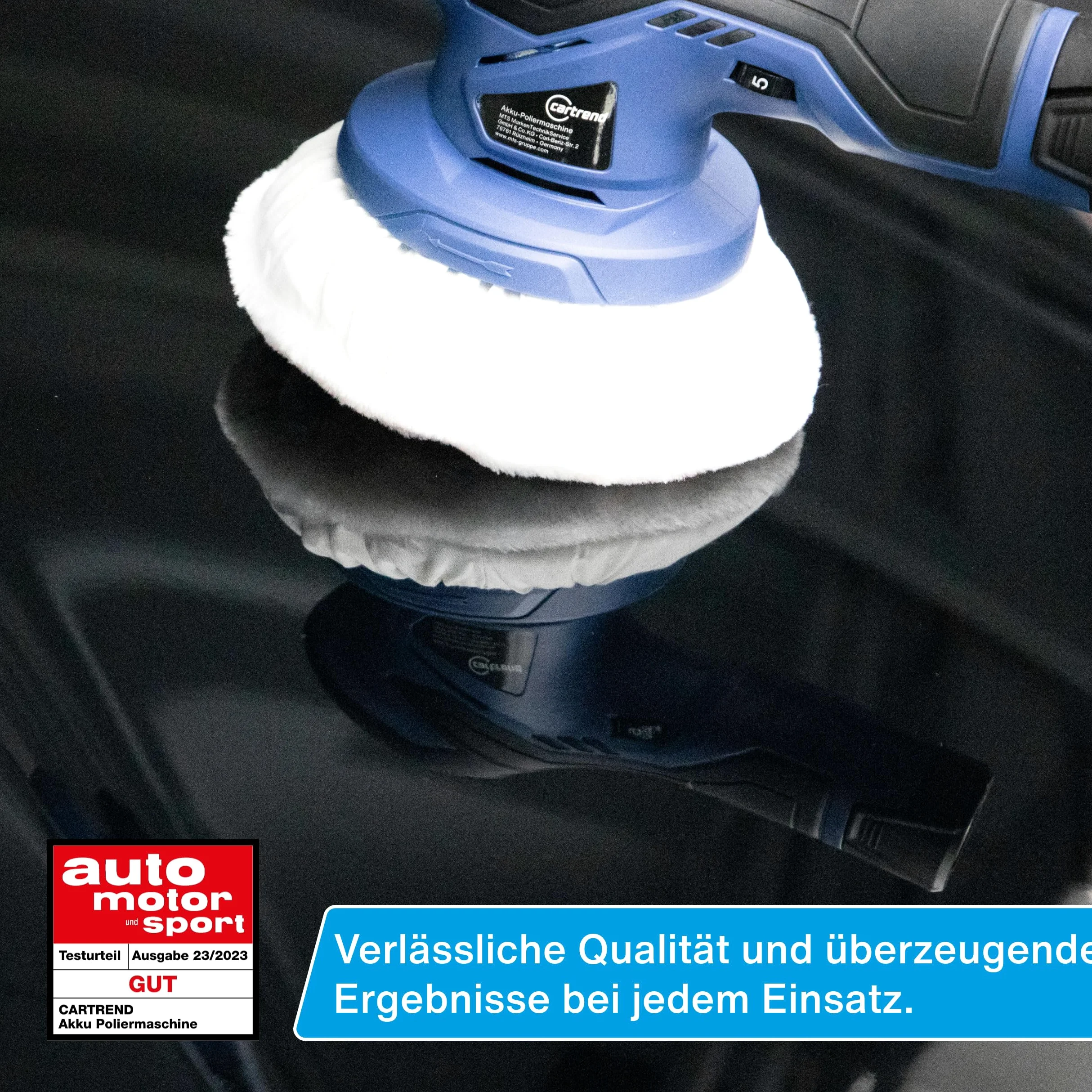 cartrend Akumulatorowa maszyna do polerowania, 2500 – 5000 obr./min (6 stopni), wymienne akumulatory 12 V, 2 x nakładki polerskie, 1 x gąbka polerska, cicha praca, średnica talerza 150 mm