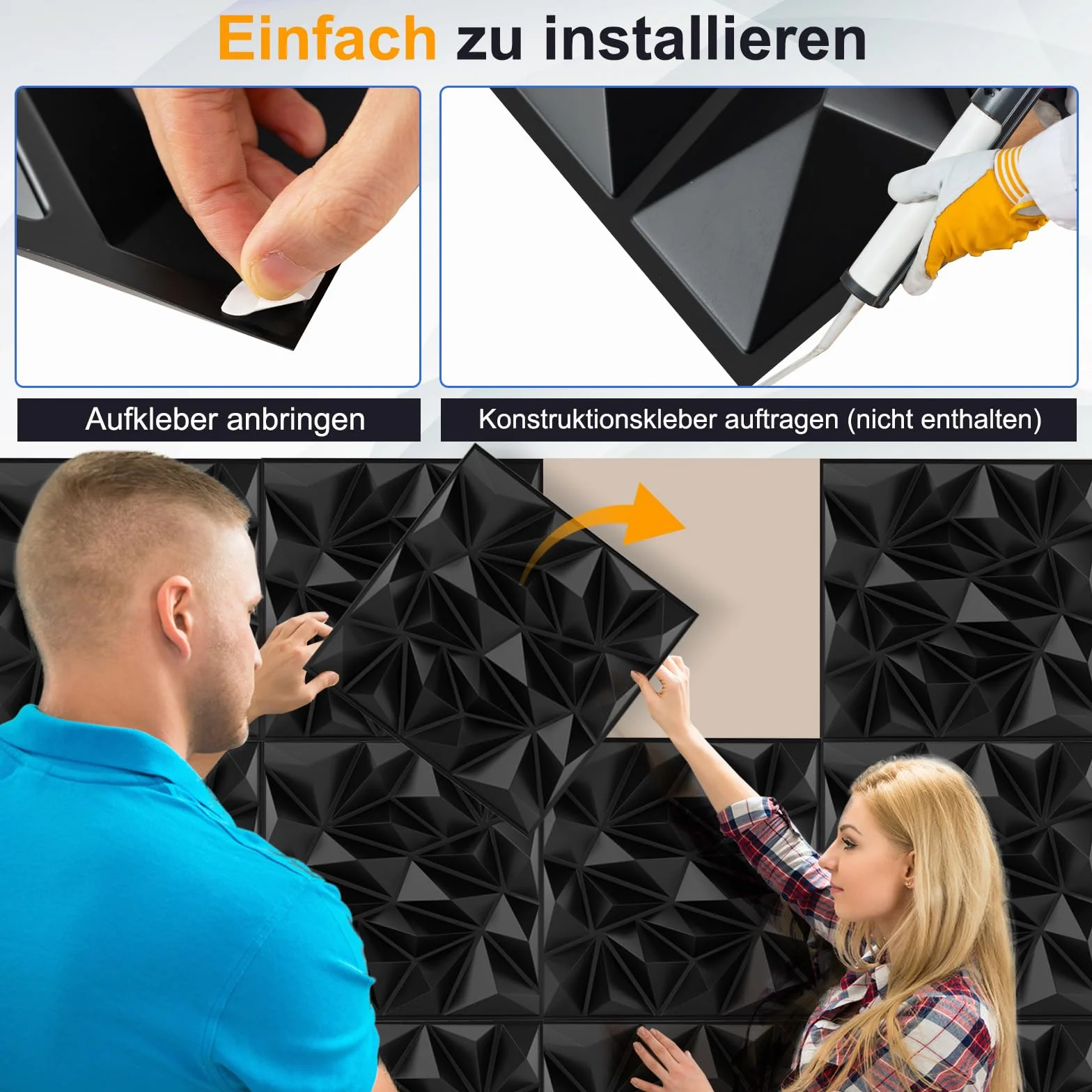 COSTWAY 40 sztuk paneli ściennych 3D, diamentowe, 50 x 50 cm, okładzina ścienna do wnętrz, płyty ścienne, panele sufitowe, PCW, 10 m², do salonu, sypialni (czarne)