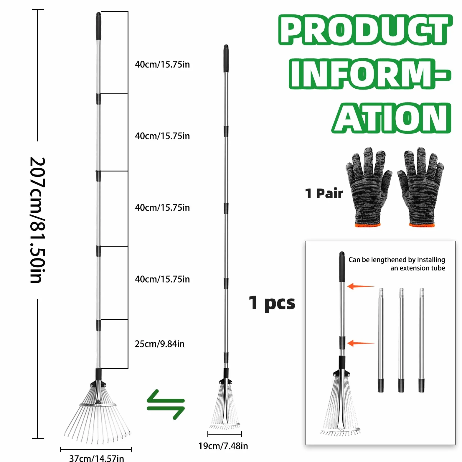 Grabie trawnikowe metalowe 207 cm regulowana szerokość 19-37 cm 15 zębów