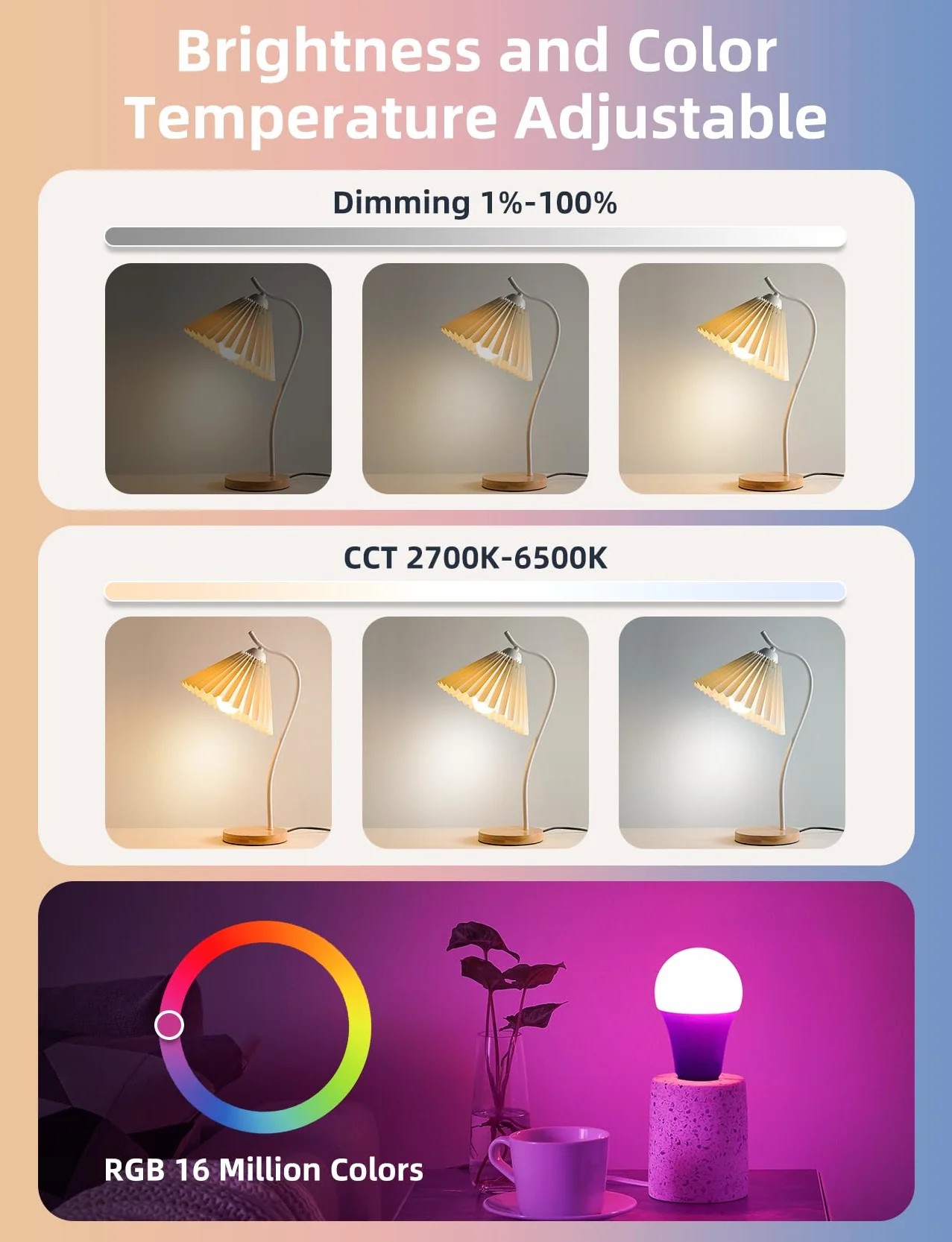 Aigostar - Inteligentna żarówka A60 Bluetooth Mesh. 2700–6500K, ściemnialna RGB. Gwint E27, 12 W, 1150 lm. Inteligentna żarówka LED kompatybilna z Alexą. W zestawie pilot zdalnego sterowania. 6 sztuk