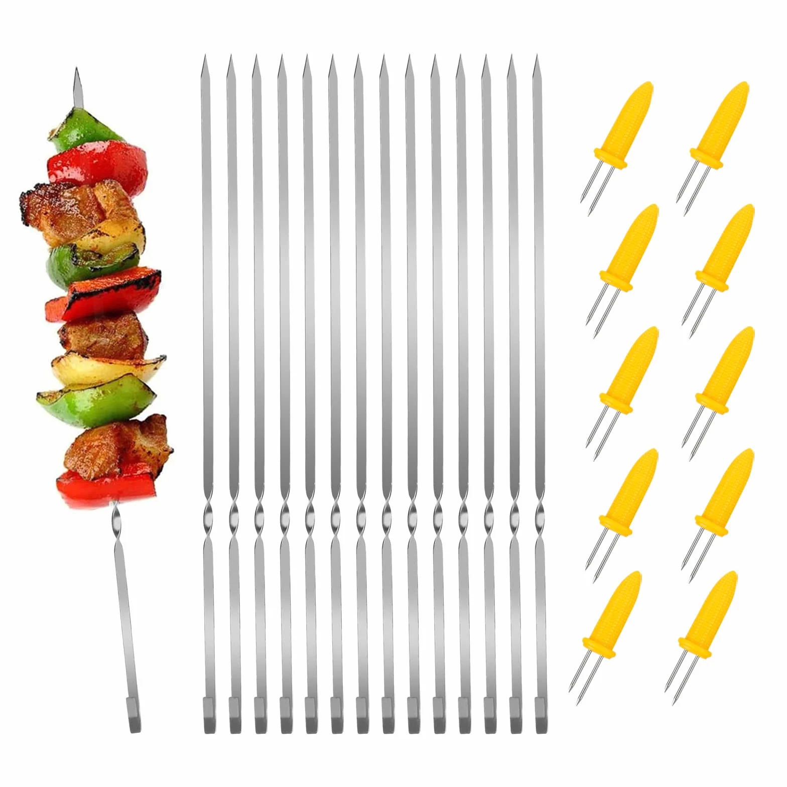 Szpikulce do grilla ze stali nierdzewnej, 20 sztuk, rożen do grilla, do kebaba, 30 cm, wielokrotnego użytku, 10 uchwytów na kolby kukurydzy, do domu, gotowania, grillowania