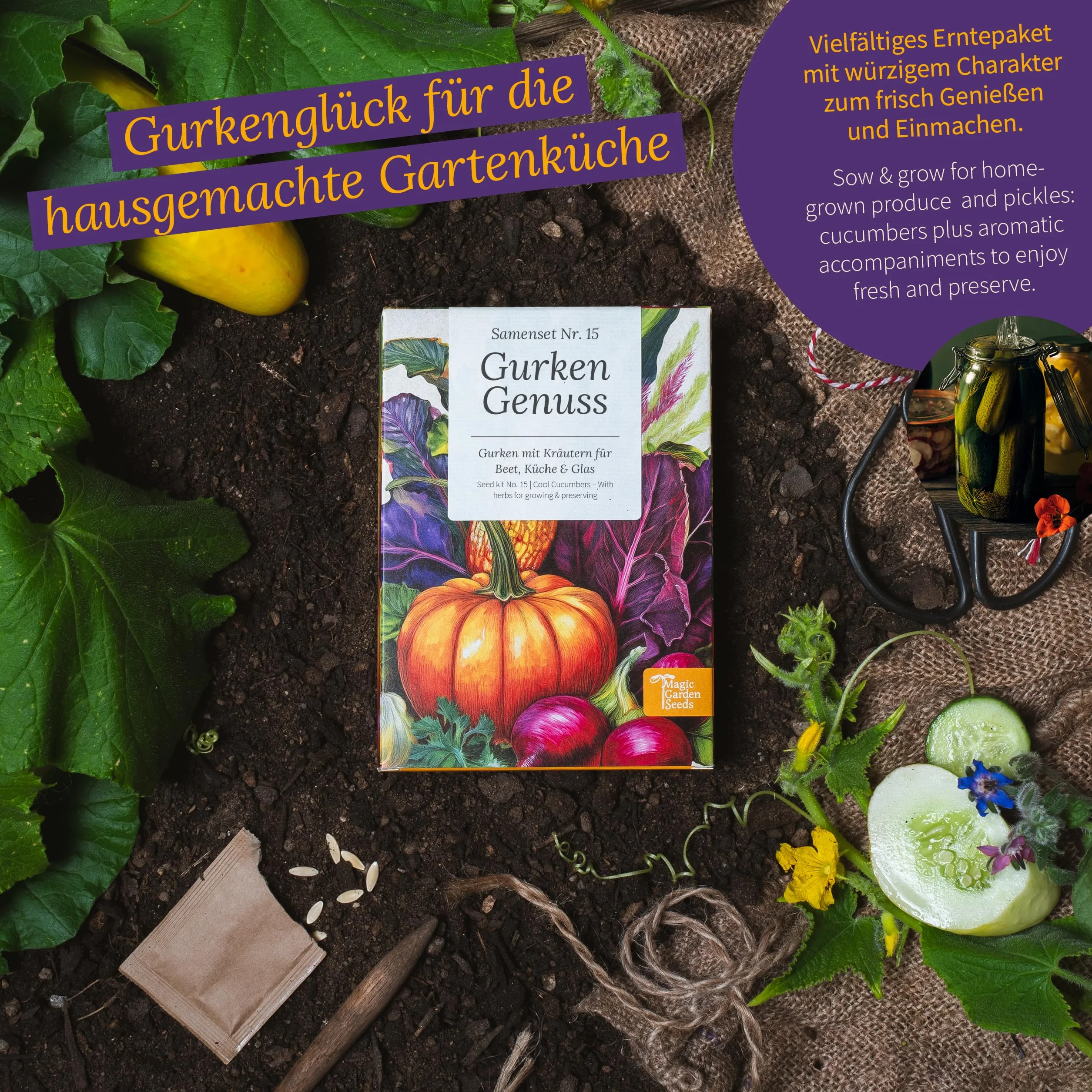 Magic Garden Seeds Zestaw nasion ogórków 6 odmian: ogórki konserwowe, sałatowe, koperek, cebula