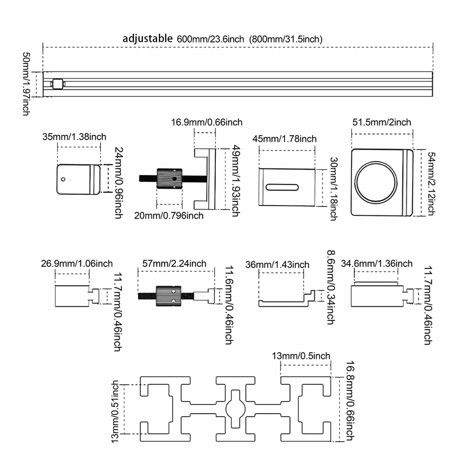 Generic Wytrzymały System Równoległych Szyn Prowadzących ze Stopu Aluminium do Dokładnego Przycinania Po Krzywiznach w Obróbce Drewna 600 Mm