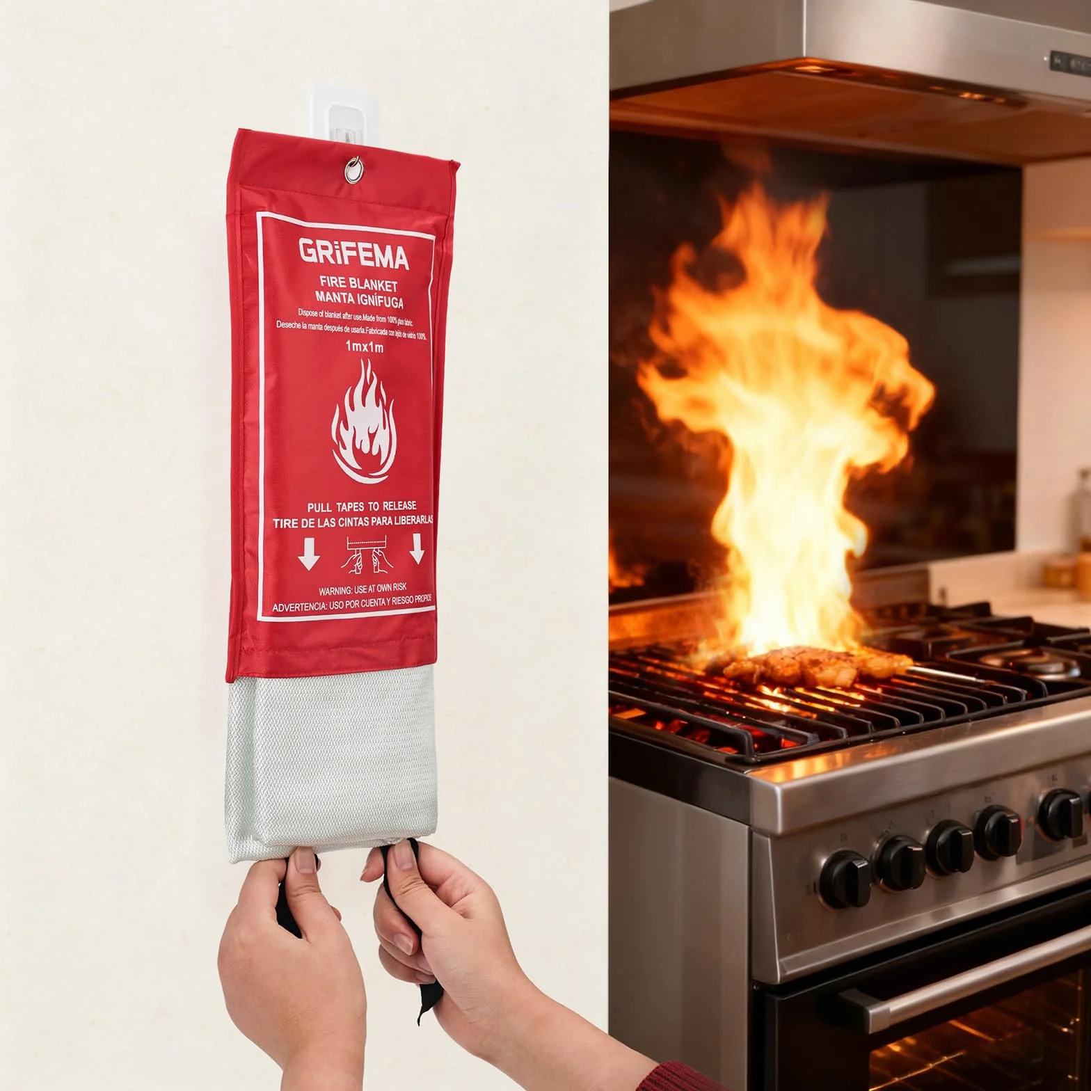 GRIFEMA GA3001 Koc ognioodporny 100 x 100 cm EN 1869:2019 Fire Blanket Kitchen Nadaje się do domów, pojazdów, biur, grilli na świeżym powietrzu, kominków i magazynów.