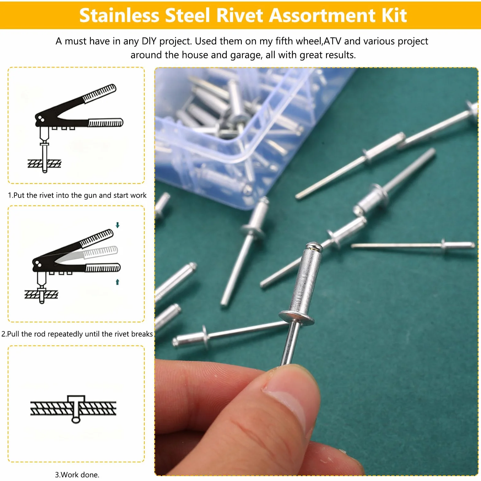 Asortyment 325 sztuk nitów Pop, aluminiowe nity z otwartym końcem, do metalu, drewna, tworzywa sztucznego (2,4 mm, 3,2 mm, 4 mm, 4,8 mm)