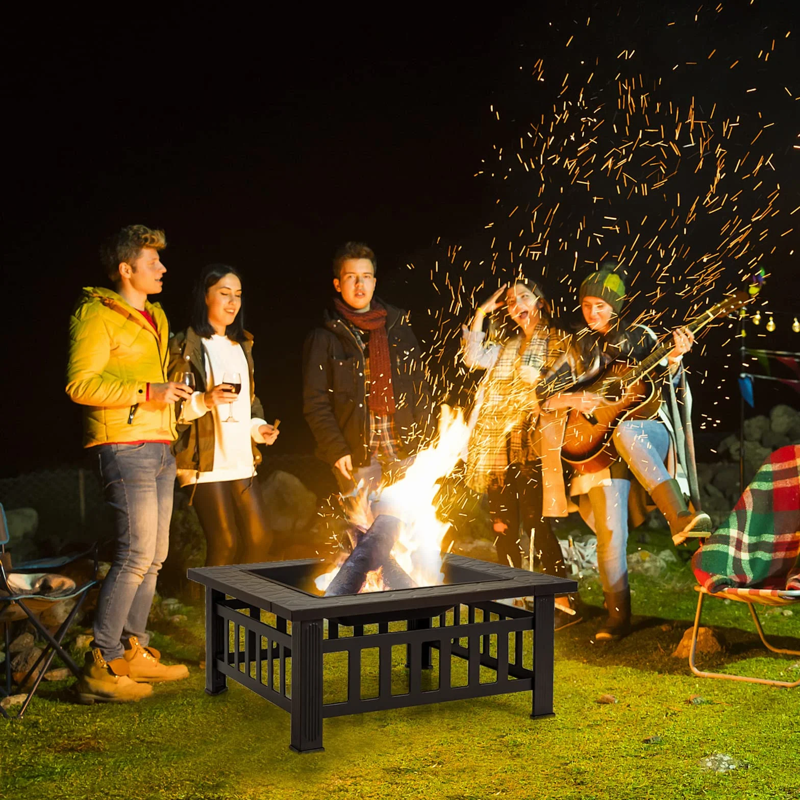 COSTWAY Palenisko z rusztem 3 w 1 z ochroną przed iskrami 81 x 81 x 50 cm Fire Pit do ogrodu czarny