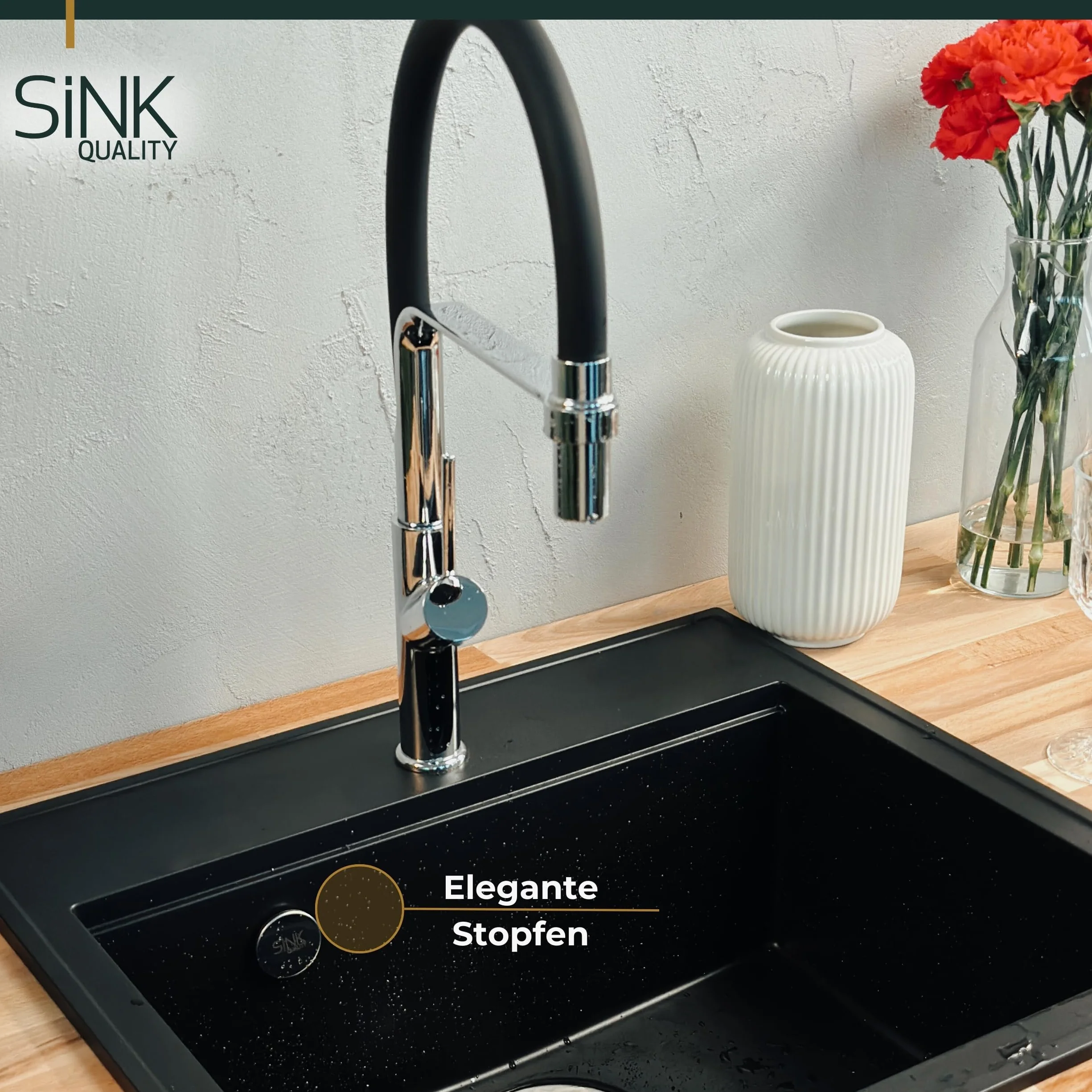 SINK QUALITY zlewozmywak granitowy biały 56 x 51 cm – zlewozmywak granitowy ze złotym syfonem i impregnacją – zlewozmywak do szafek od 60 cm szerokości – pojedynczy zlew do zabudowy – umywalka do