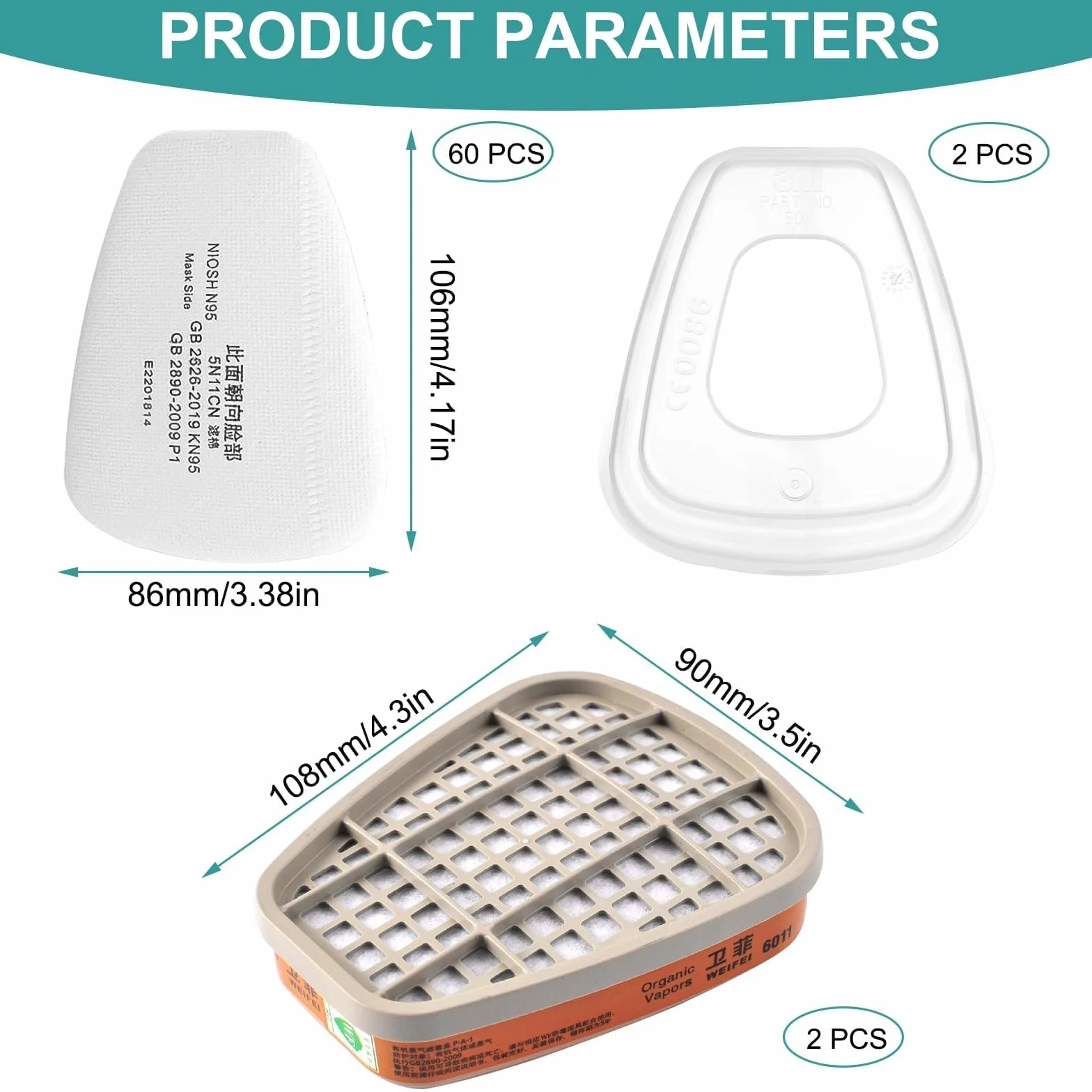 XMSZQU Zestaw 64 filtrów przeciw oparom organicznym, filtry bawełniane, 2 filtry + 60 filtrów z bawełny filtracyjnej i 2 zaślepki dla rzemieślników, majsterkowiczów, natryskiwaczy, biały