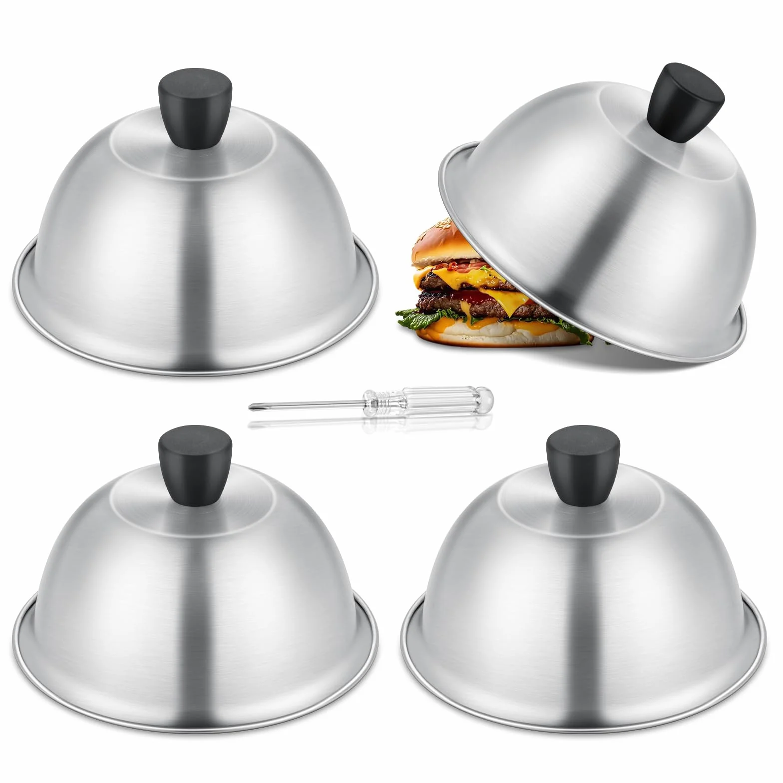 TEAMFAR Dzwonek do burgerów, 4 sztuki ze stali nierdzewnej, dzwonek do grilla z okładziną z silikonu odpornego na ciepło, małe dzwonki do burgerów do grilla teppanyaki i kuchni, do użytku wewnętrznego