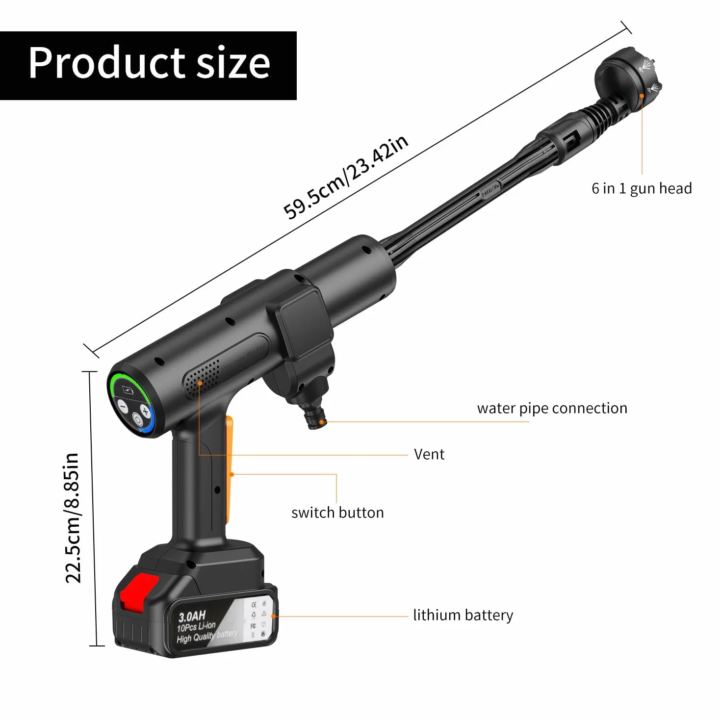 Akumulatorowa myjka wysokociśnieniowa 200 bar 21 V 3000 mAh dysza 6 w 1 wąż 5 m z wyświetlaczem LCD czarna