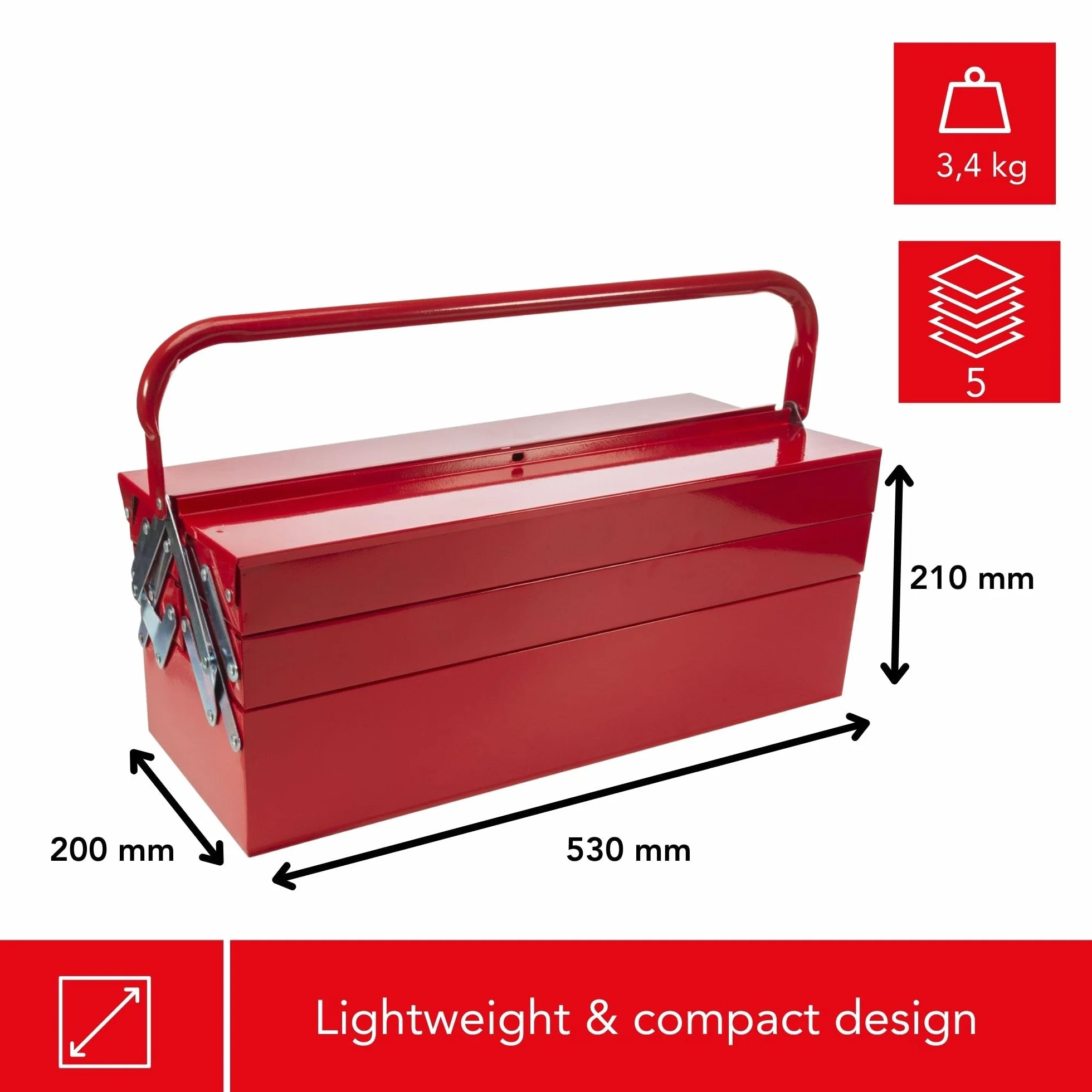 Toolland Metalowa skrzynka narzędziowa 530 x 200 x 200 mm, 5 przegródek system cantilever, czerwona walizka na narzędzia z rozkładanymi półkami, duża skrzynia z uchwytem