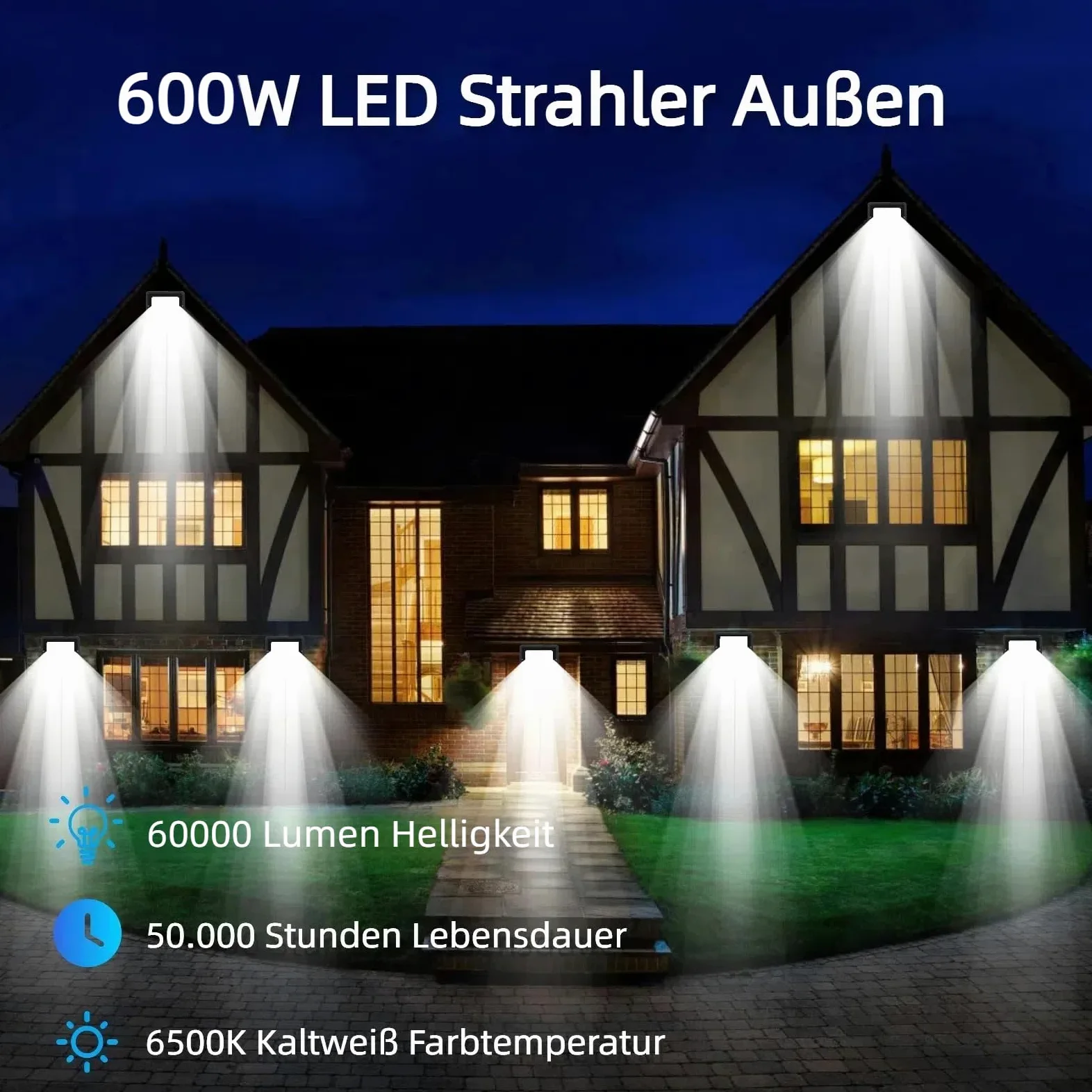 Reflektor LED 600 W, bardzo jasny, 60000 lm, 6500 K, zimna biel, IP66, wodoszczelny reflektor LED, kabel 50 cm, bez wtyczki, lampa zewnętrzna do ogrodu, na podwórko, korytarz