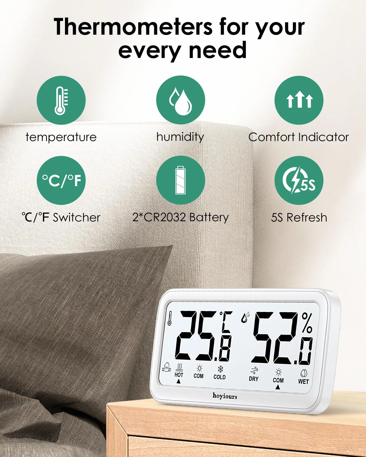 termometr do wnętrz, higrometr, monitorowanie temperatury i wilgotności powietrza, z dwoma czujnikami, do pokoju dziecięcego, sypialni, zwierząt domowych, szklarni