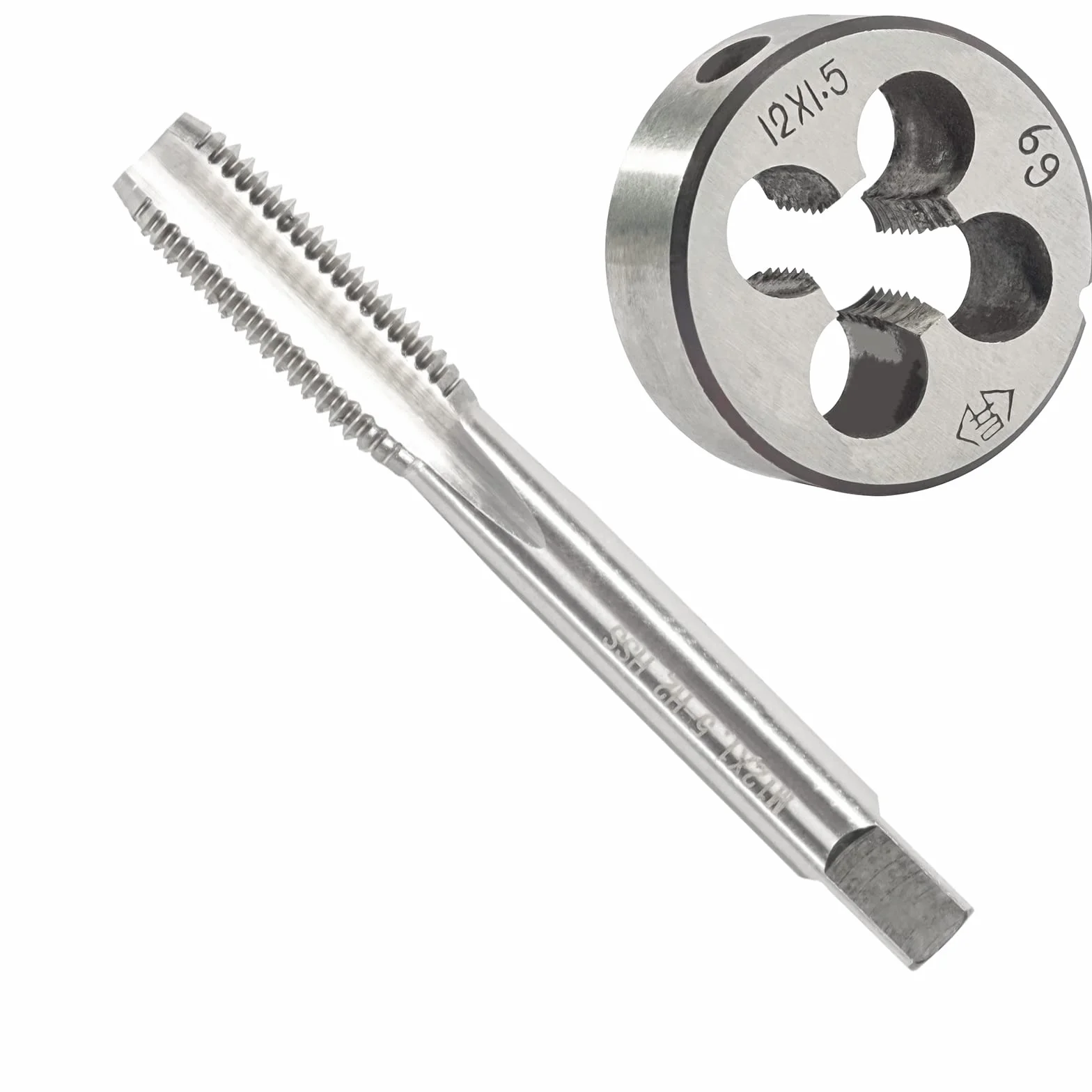 Zestaw gwintowników i narzynek metrycznych M12 x 1,5, gwintownik maszynowy HSS M12 x 1,5 mm i narzynka okrągła ze stali narzędziowej stopowej M12 x 1,5 mm, prawa strona