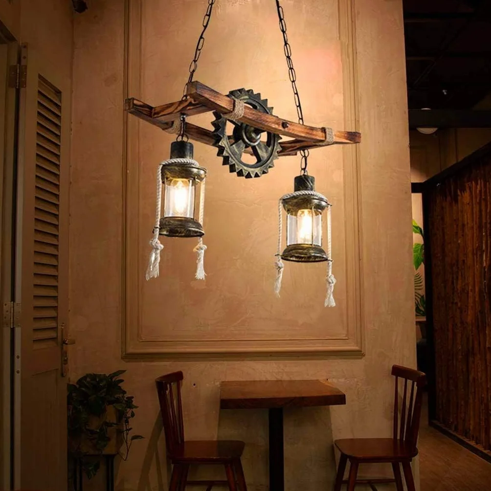 Rustykalna drewniana lampa wisząca w stylu vintage, dębowa lampa wisząca do jadalni, żyrandol industrialny, lampa sufitowa, lampa przemysłowa, styl dworkowy, do baru