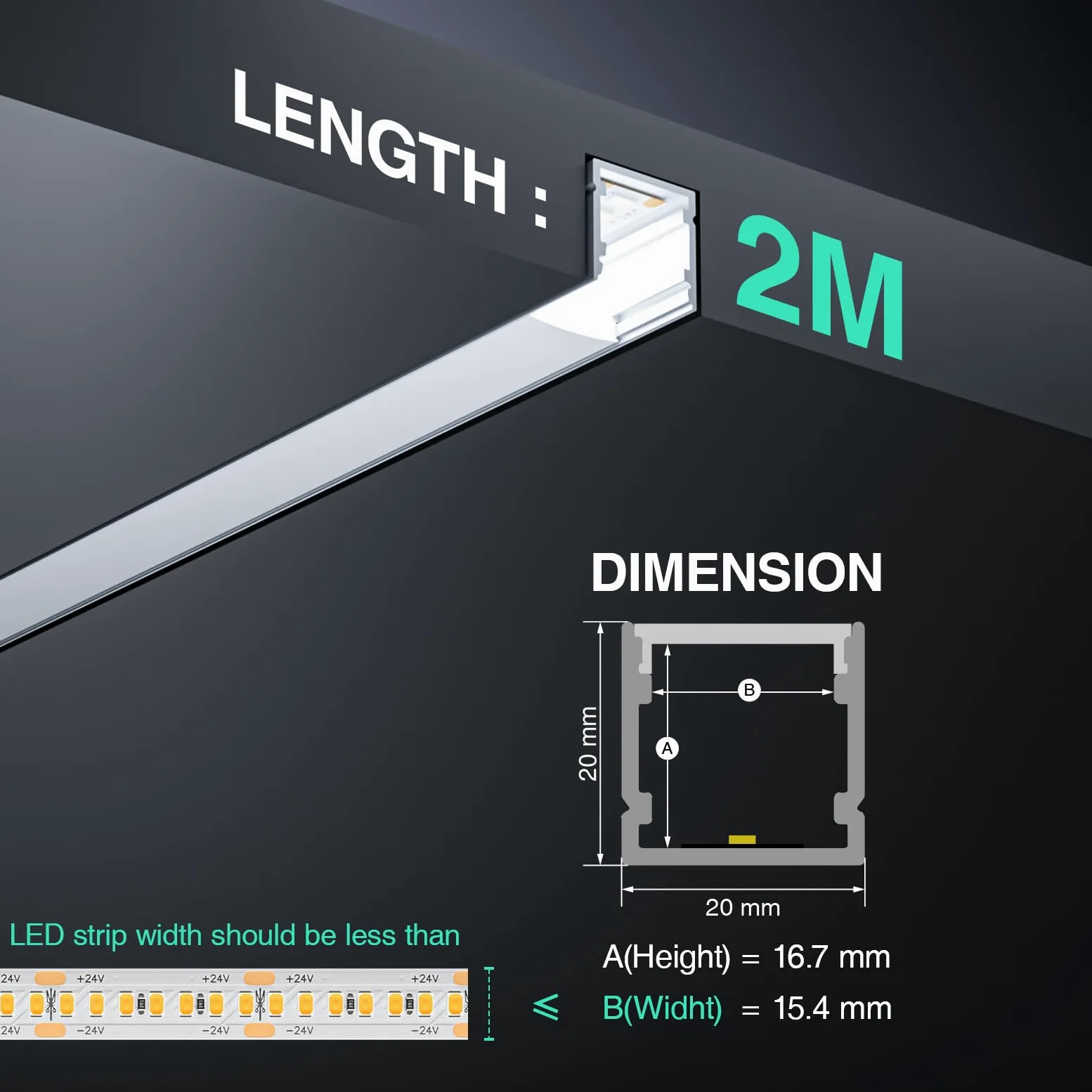 Profil aluminiowy LED do taśm LED 6 x 2 m, profil aluminiowy LED w kształcie litery U, 12 m, listwa LED, rozmiar 20 x 20 mm, do taśm LED o szerokości mniejszej niż 15 mm, z osłoną PC