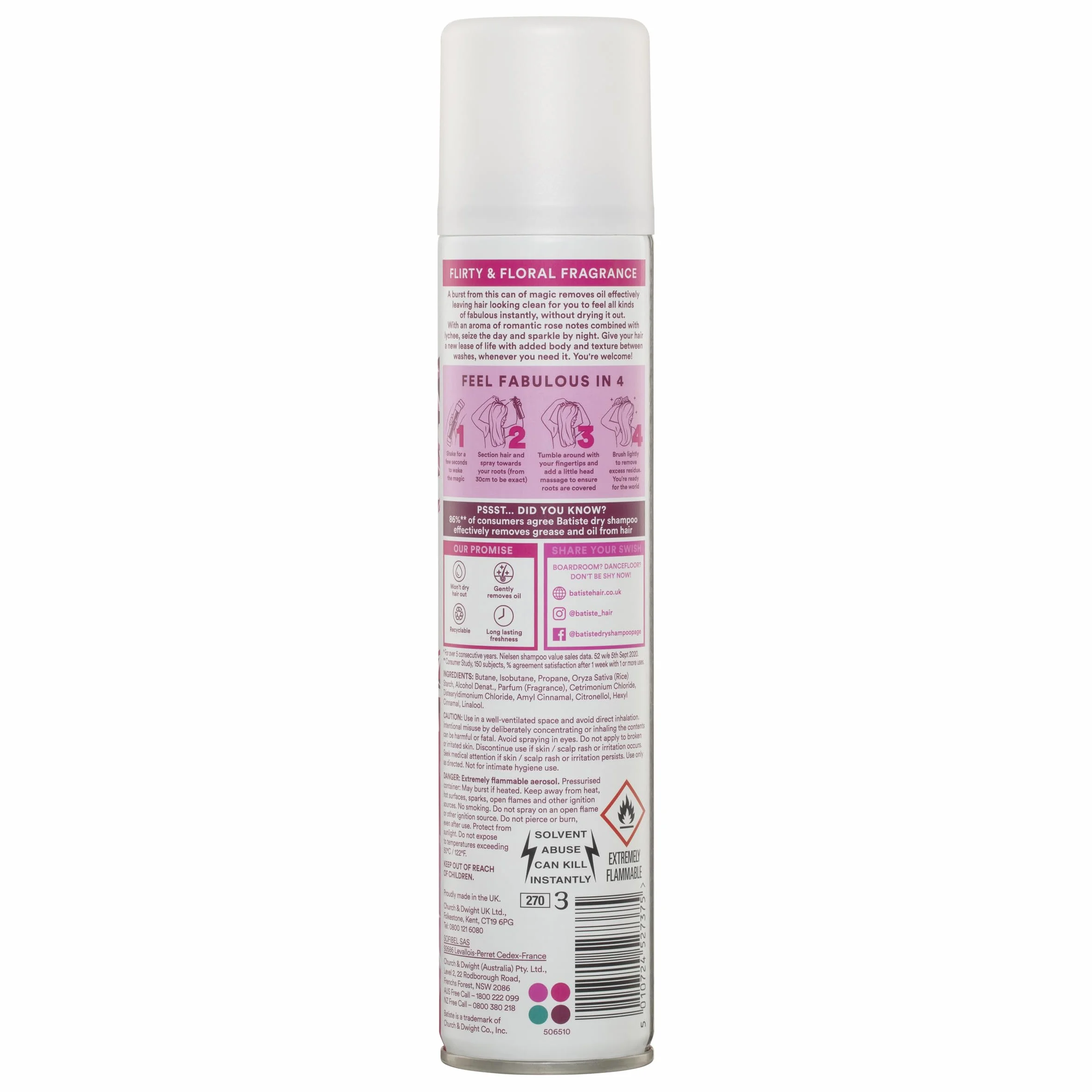 Suchy szampon Batiste w różu 200 ml, kwiatowy i zalotny zapach, bez sprayu do płukania do odświeżania włosów między praniami (opakowanie może się różnić)
