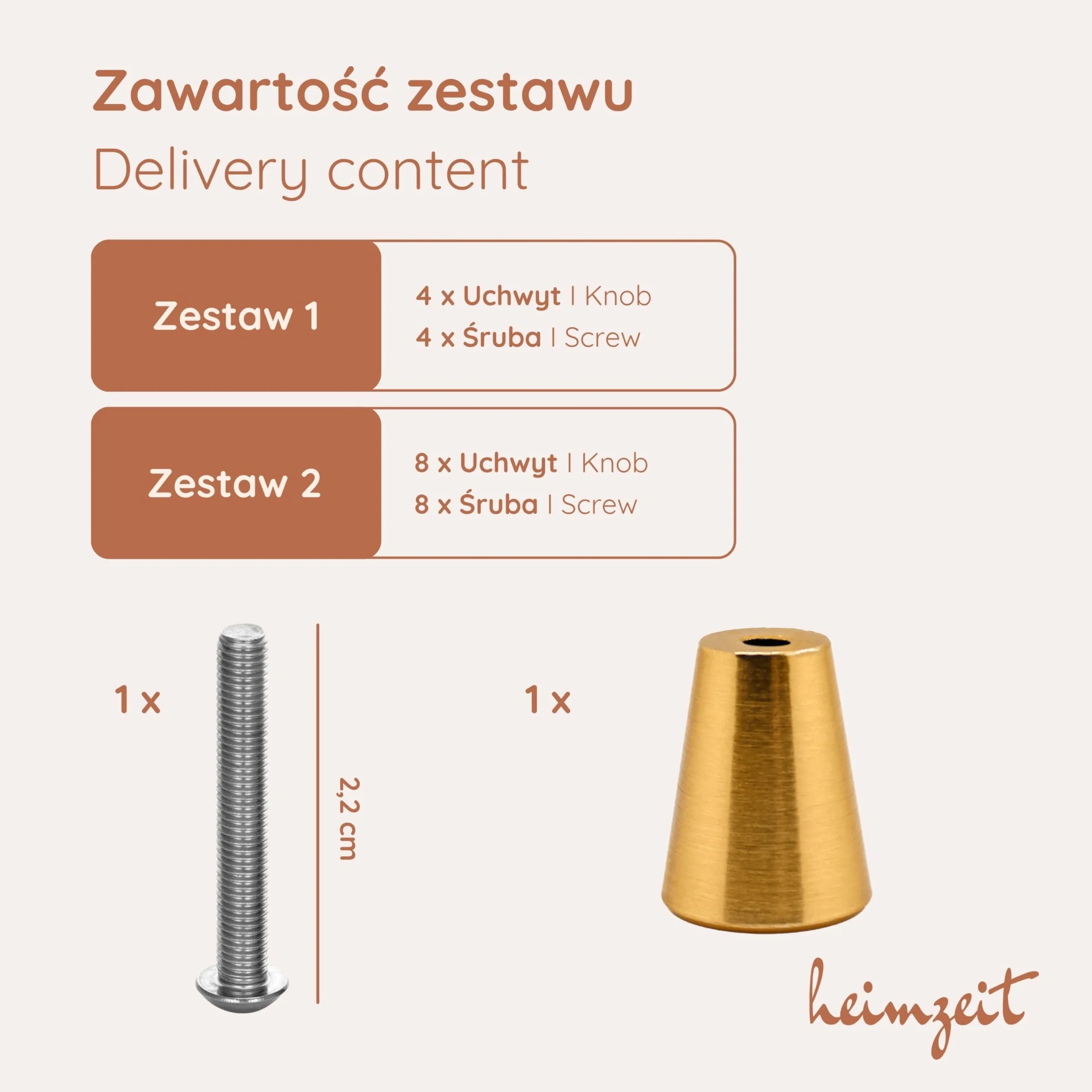 Gałki Cone do Szafek do Drzwi, Szuflad i Komód z wysokiej jakości aluminium [8 Sztuki, Okrągłe] Kolor: Złoto, Stylowy Design, Gałki Meblowe z Uchwytem na jeden otwór i śrubami