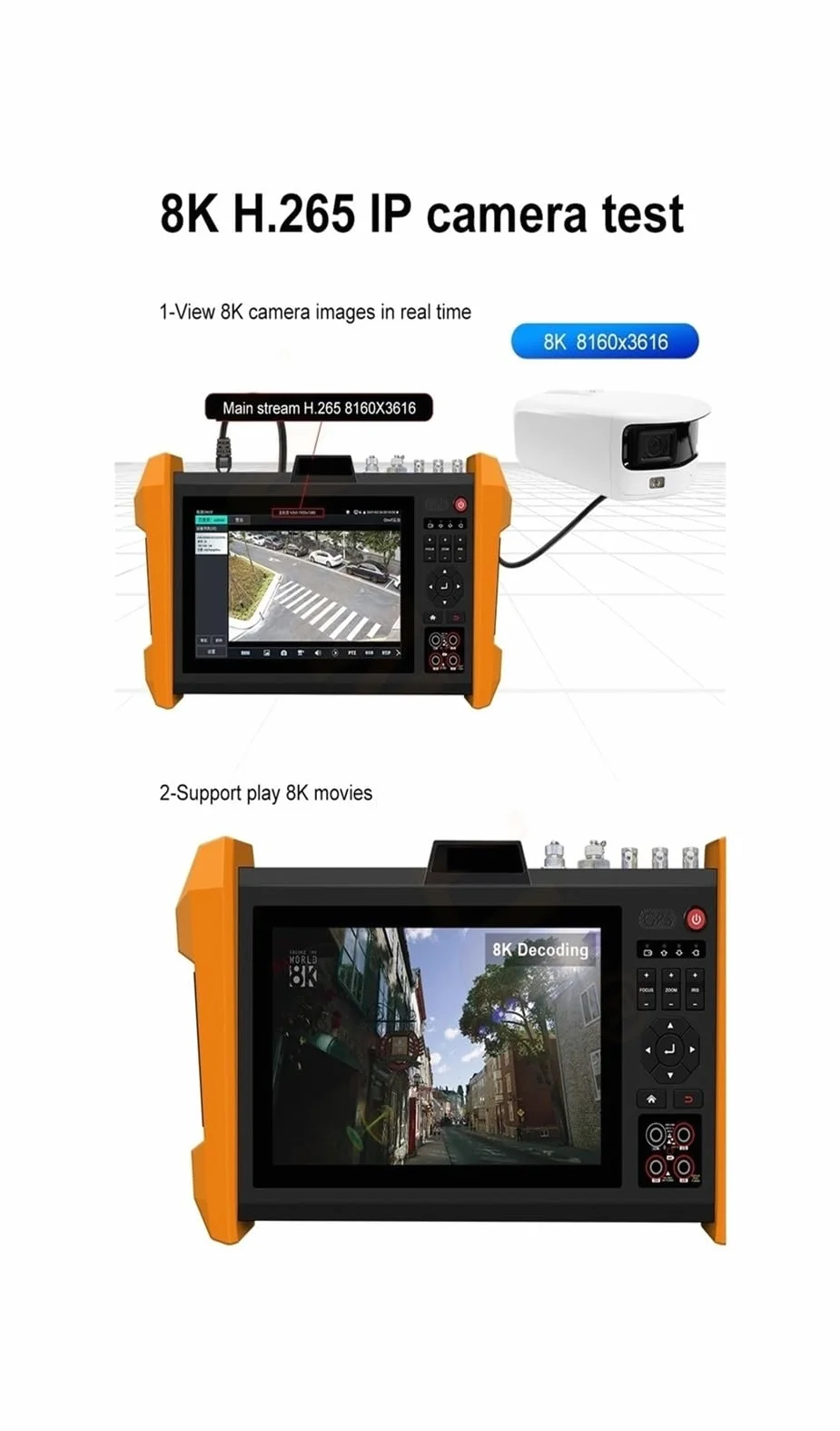 Tester CCTV, 7-calowy 8K tester CCTV H.265 Wielofunkcyjny | Z moduł optyczny SFP AHD CVI TVI SDI Generator pasków kolorów w jednym monitorze testowym do testowania kamer CCTV i IP.