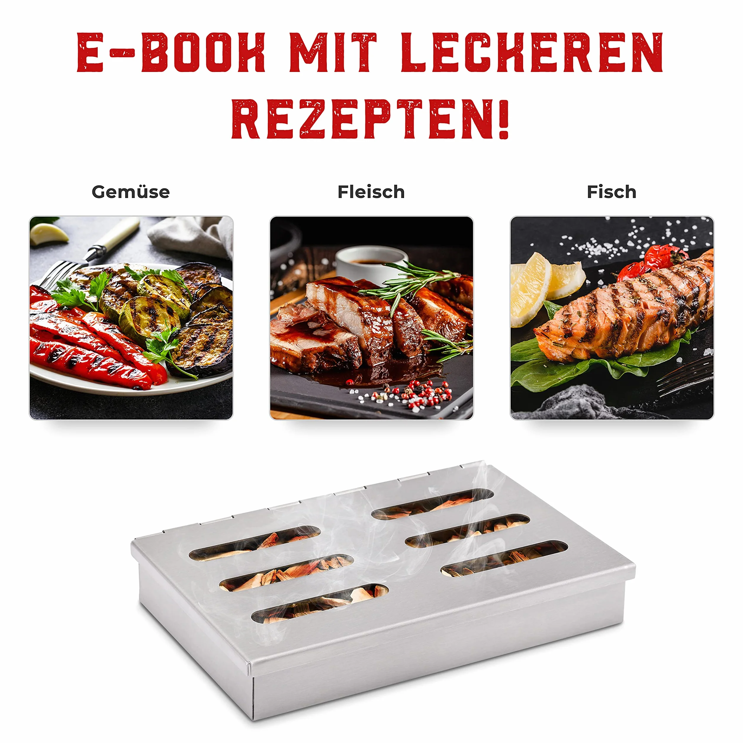 Räucherphorie® Räucherbox - Premium skrzynka wędzarnicza ze stali nierdzewnej + E-Book - Wędzarnia BBQ w wersji premium do grilla gazowego, elektrycznego lub na węgiel drzewny (RB1)