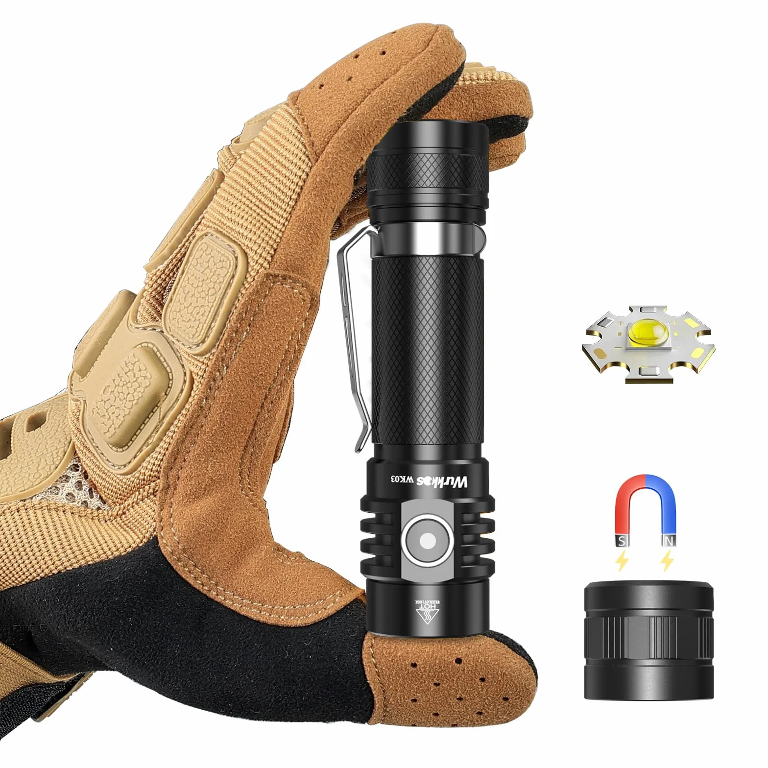 Wurkkos WK03 Mini latarka LED, 1200 lumenów, niezwykle jasna latarka USB-C ładowalna z diodami LED 519 A, wodoszczelność IP68, z magnetyczną osłoną tylną, przenośna latarka EDC z zasilaczem 3000 mAh