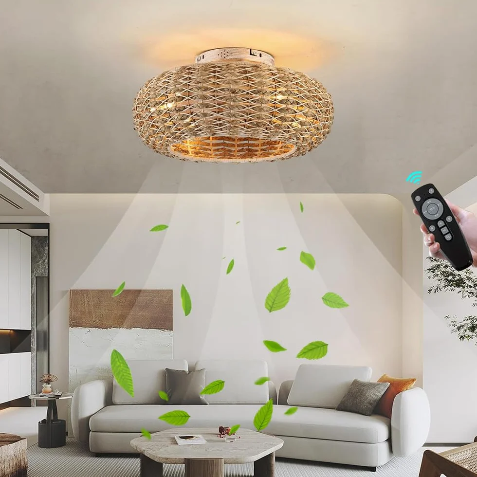 Wentylatory sufitowy z cichą lampą E27, Retro wentylator z pilotem i aplikacją, żyrandol klatka z naturalnego rattanu, tkana lampa do salonu, sypialni, jadalni, kuchni