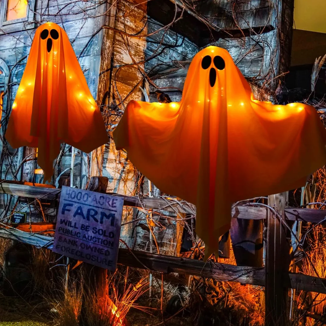 Dekoracja na Halloween, 3-częściowy wiszący duch z oświetleniem, dekoracja w kształcie chorągiewki LED (pomarańczowe światło), do ogrodu na Halloween, wewnątrz i na zewnątrz