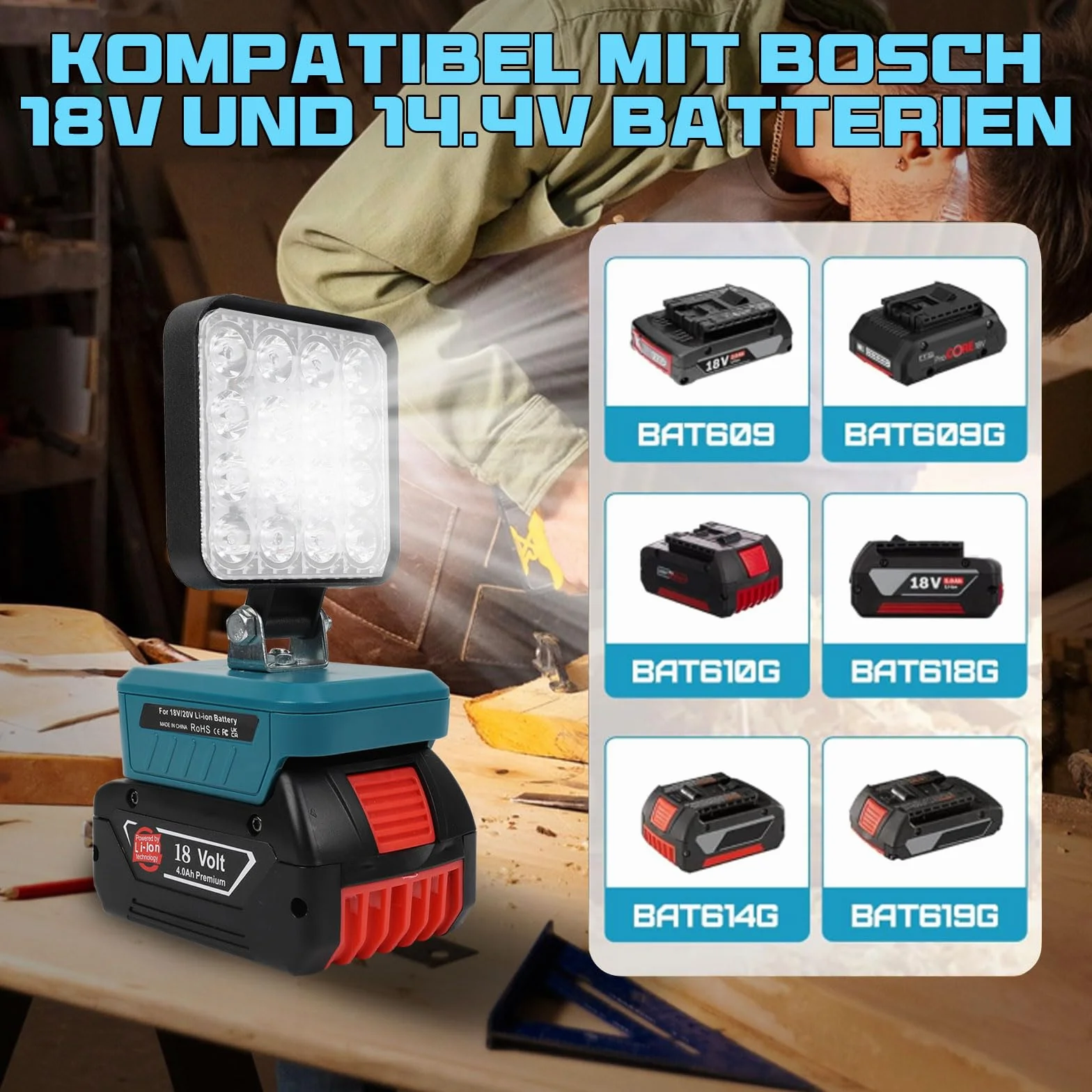 BOSCH reflektor LED akumulatorowy 18 V, lampa kempingowa, 48 W, 6000 lm, lampa robocza LED, typ C/USB, ochrona niskiego napięcia, do garażu, na kemping, plac budowy
