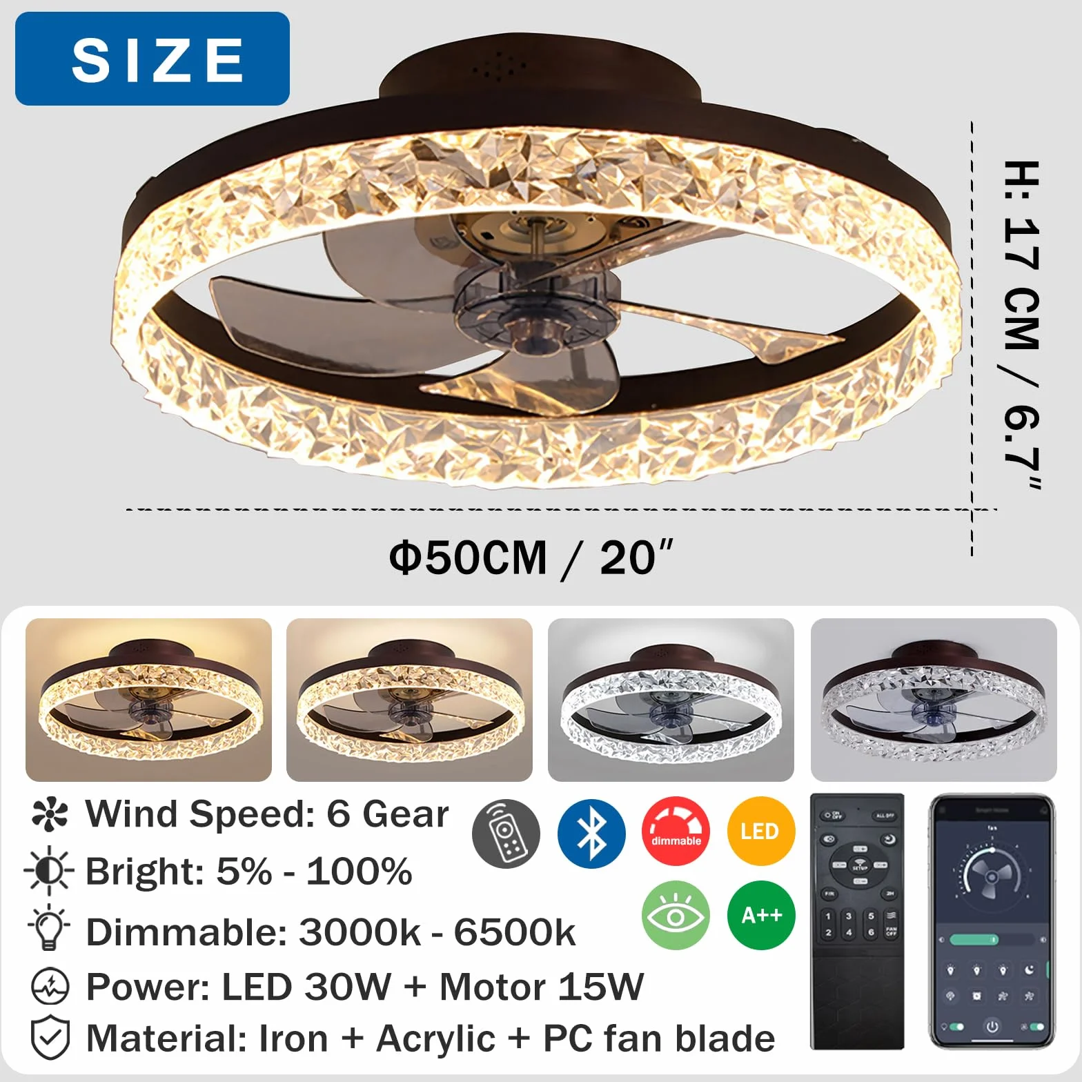 Wentylator sufitowy z oświetleniem LED Pilot 6 prędkości 50CM Czarny
