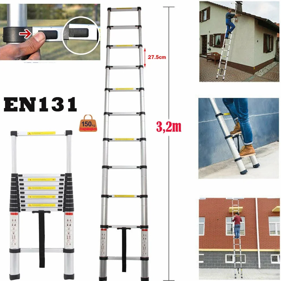 Drabina teleskopowa z chowanymi szczeblami, składana aluminiowa teleskopowa drabina rozkładana, nośność 150 kg (3,2 m)