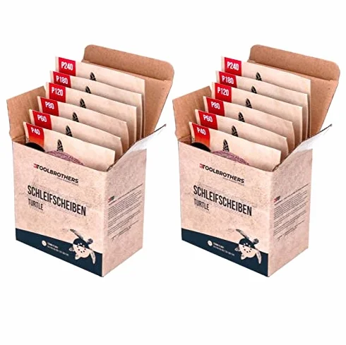 Toolbrothers TURTLE Zestaw szlifierski premium 125 mm lub 150 mm, na rzep 8 otworów P40 / P60 / P80 / P120 / P180 / 240 do twardego drewna, miękkiego drewna, lakieru, kamienia, stali, aluminium, forniru (2 x zestaw tarcz szlifierskich 125 mm)