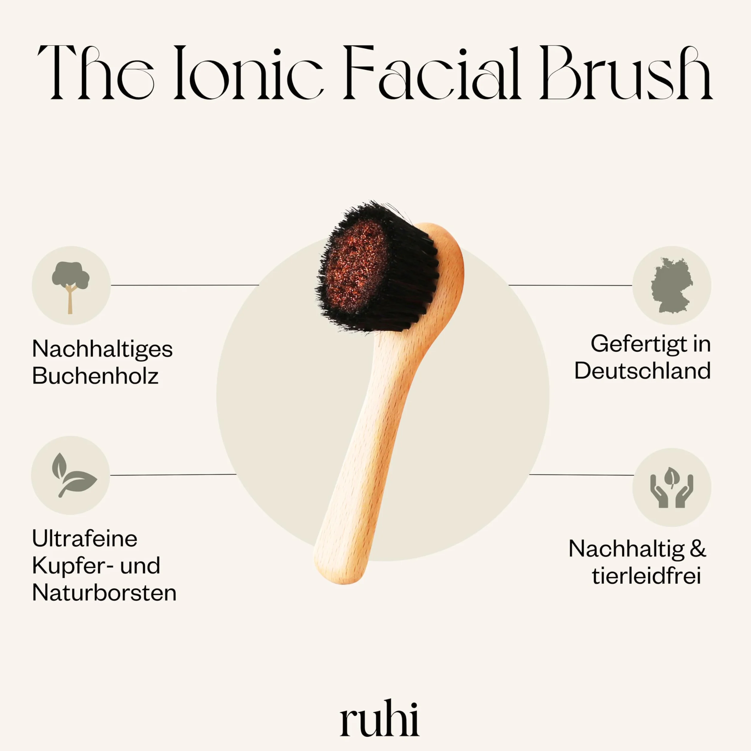ruhi® szczotka do twarzy [nowość] miedziana szczotka do twarzy z miedzi i naturalnego włosia do masażu na sucho, wykonana w DE| Ionic Dry Brush Face| regionalne, drewno bukowe z certyfikatem FSC