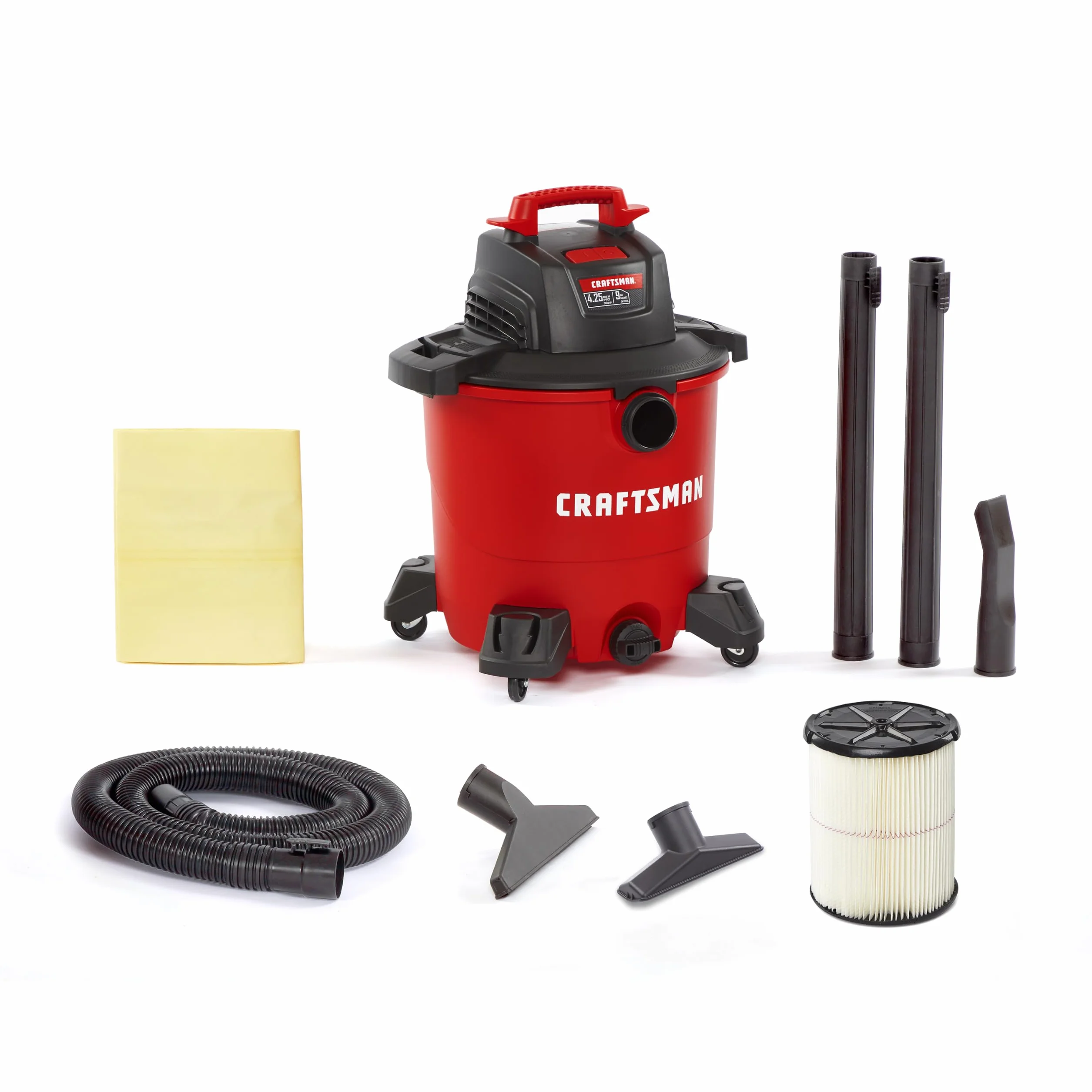 CRAFTSMAN CMXEVBE17590 Przenośny odkurzacz warsztatowy do pracy na mokro i sucho, pojemność 34 l, moc szczytowa 4,25 KM, z filtrem, workiem na kurz, wężem i akcesoriami, do domu, garażu i samochodu