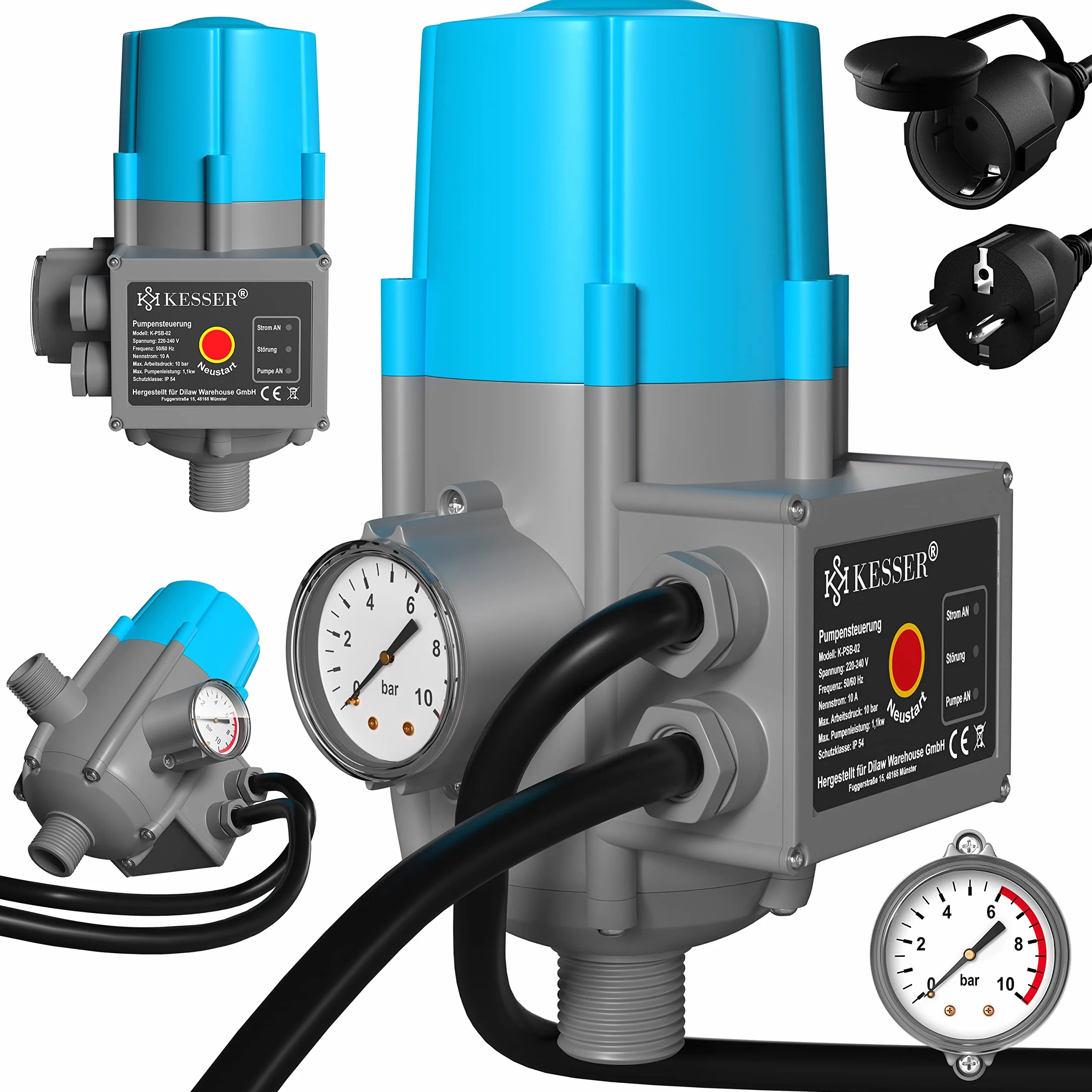 KESSER® Sterowanie pompą ze wskaźnikiem barowym z kablem 10 barowy wyłącznik ciśnieniowy elektryczny Wyłącznik ciśnieniowy kontroluje ciśnienie wody - automatyczne włączanie i wyłączanie
