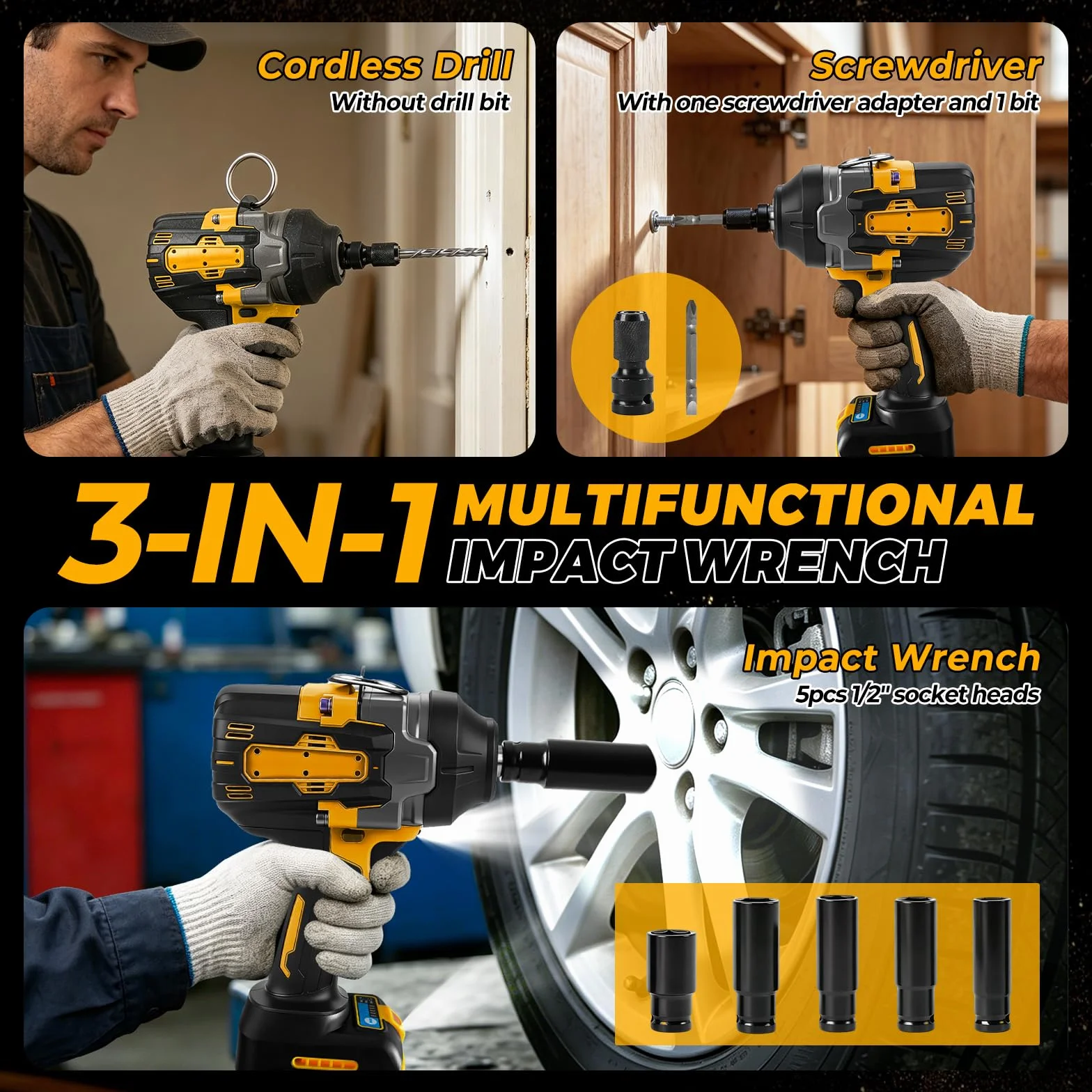Bezprzewodowy klucz udarowy do Dewalt 18 V 20 V, 1200 N·m (274.3 m-lbs) 1/5.1 cm bezszczotkowy pistolet udarowy o wysokim momencie obrotowym, elektryczny wkrętarka udarowa z 5 trybami prędkości, 5