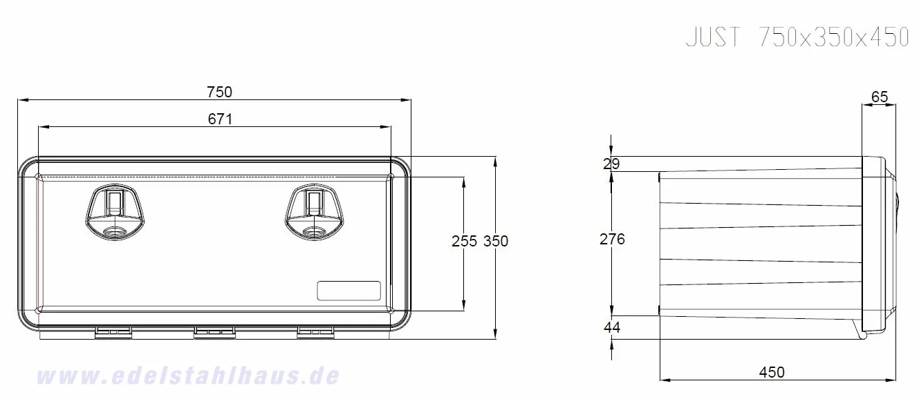 Skrzynka do przechowywania z tworzywa sztucznego, 750 x 350 x 450 mm, 65 l, domek ze stali nierdzewnej, skrzynka narzędziowa, skrzynka do zabudowy do pojazdów użytkowych, przyczep, skrzynka do
