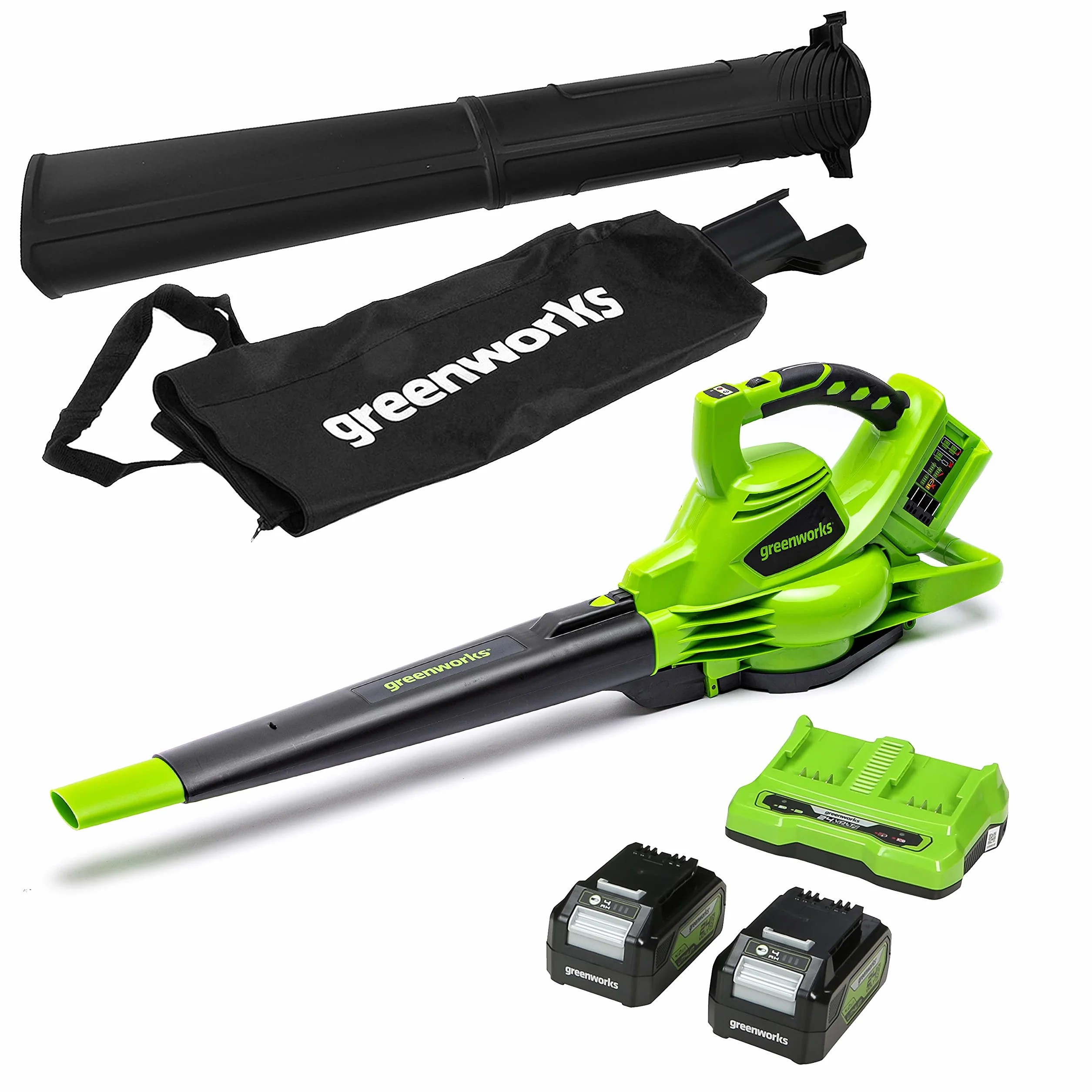 Greenworks GD24X2BVK4X Akumulatorowa dmuchawa odkurzacz do liści, silnik bezszczotkowy, 322 km/h, 9 m³/min, worek 45 L, 2×24 V (odpowiednik 48V)