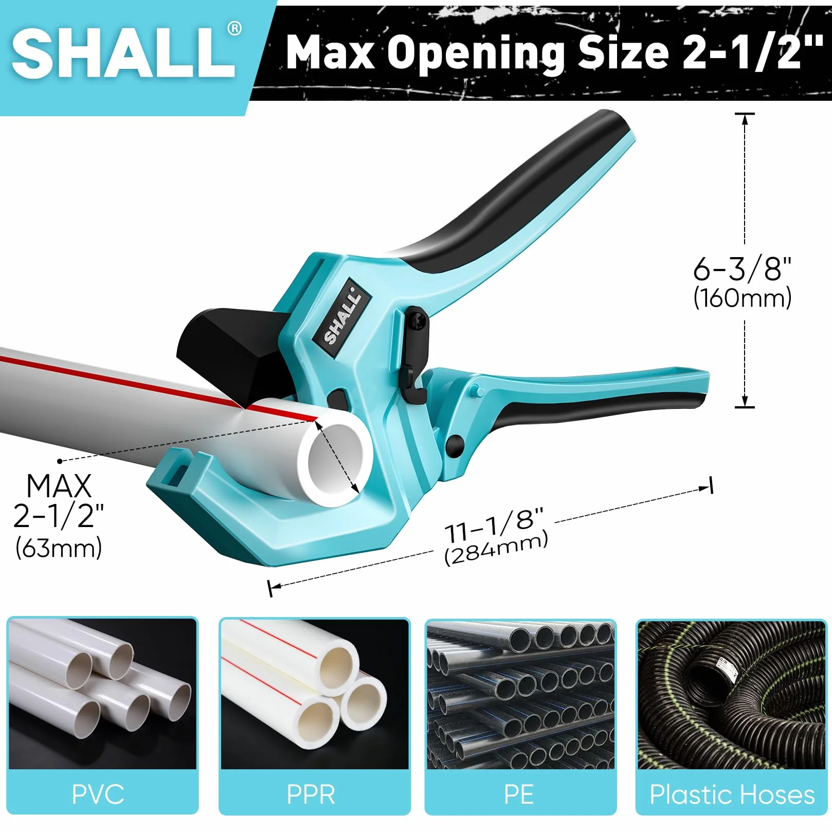 SHALL Obcinak do rur z PVC do 63 mm, wytrzymałe aluminiowe narzędzie do cięcia rur z grzechotką do PVC, PPR, PE, PEX, węży z tworzywa sztucznego i rur hydraulicznych, z wysokowydajnym ostrzem SK5