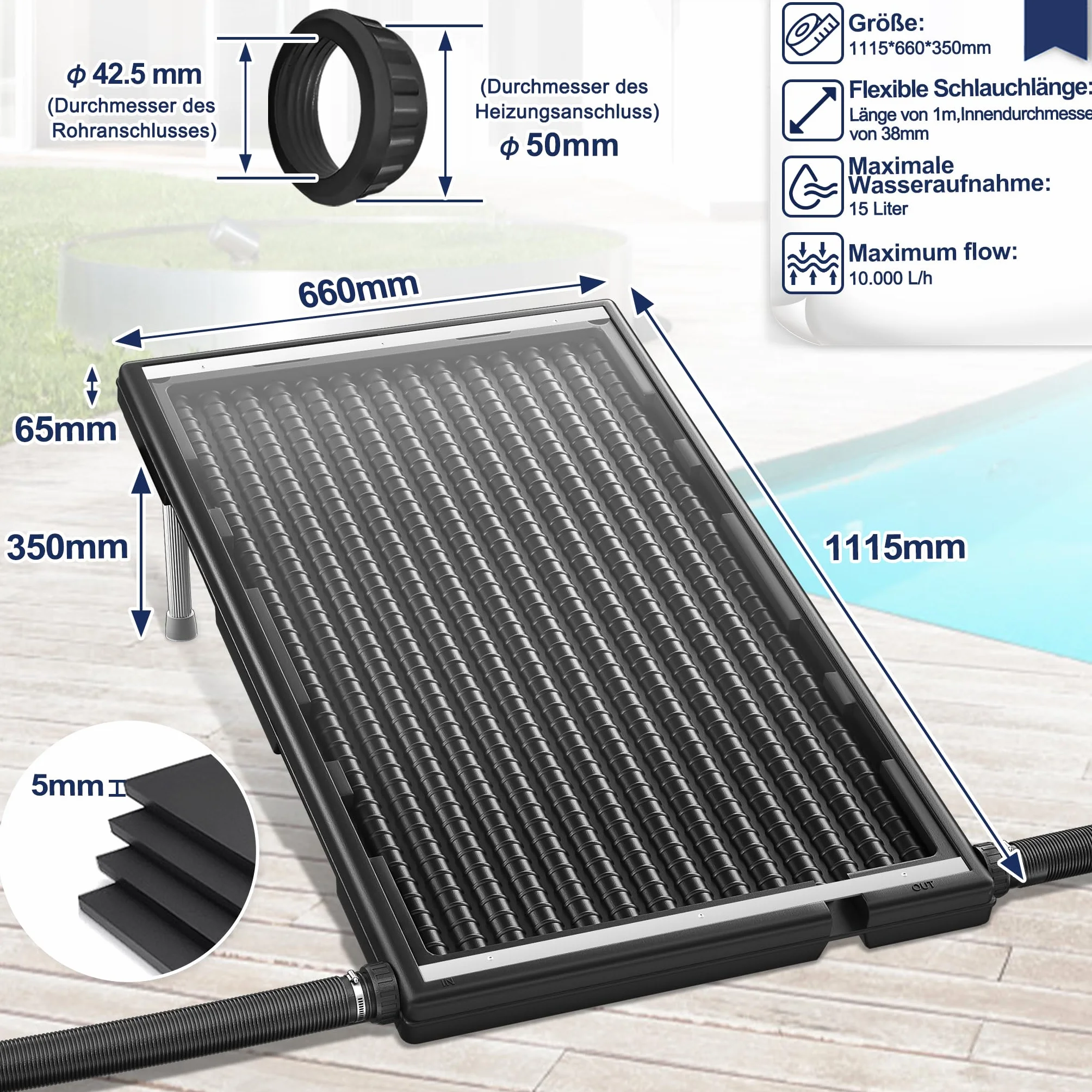 Kolektor słoneczny ogrzewanie basenowe pojemność 15 l instalacja solarna czarny