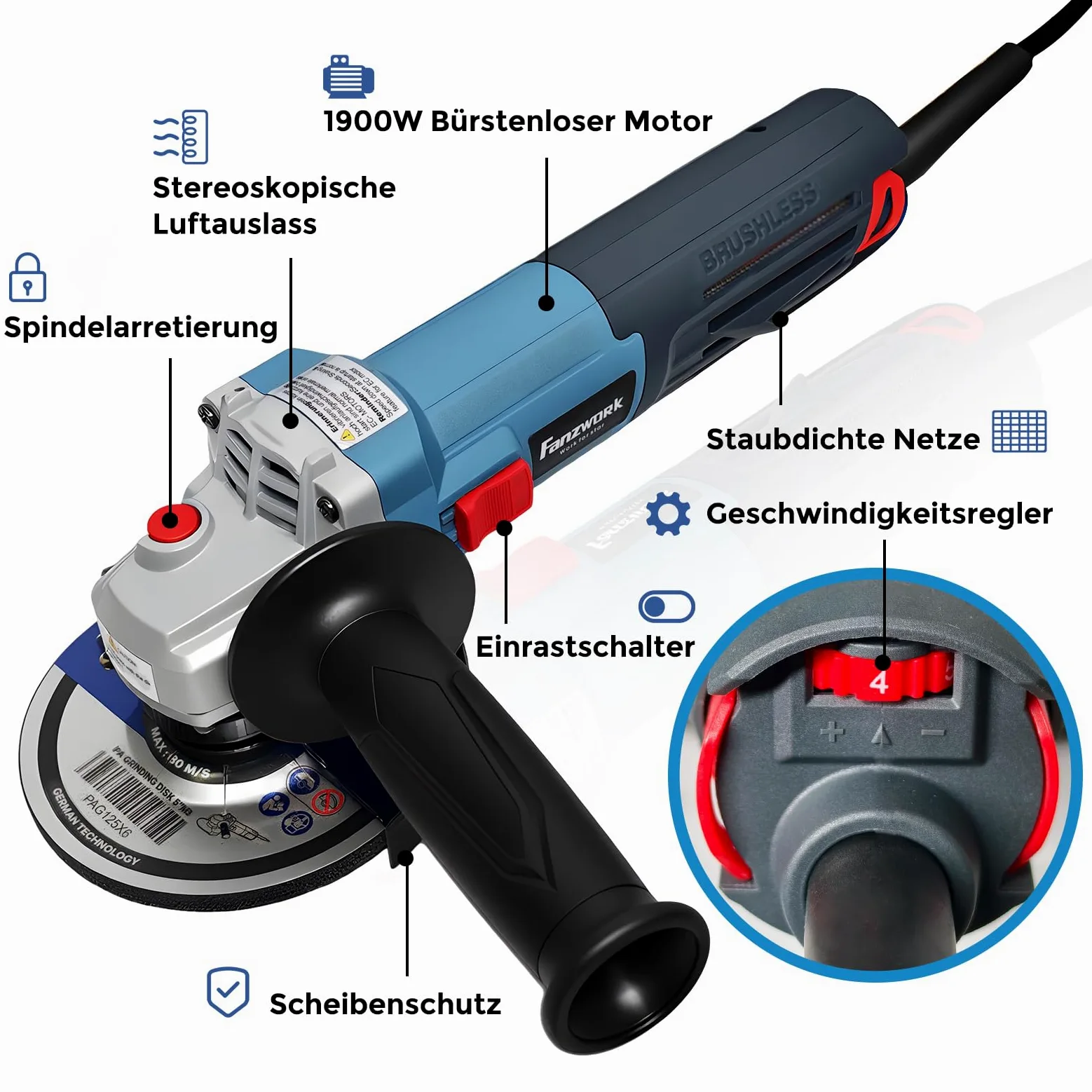 FANZTOOL Szlifierka kątowa bezszczotkowa 2100 W 125 mm z walizką