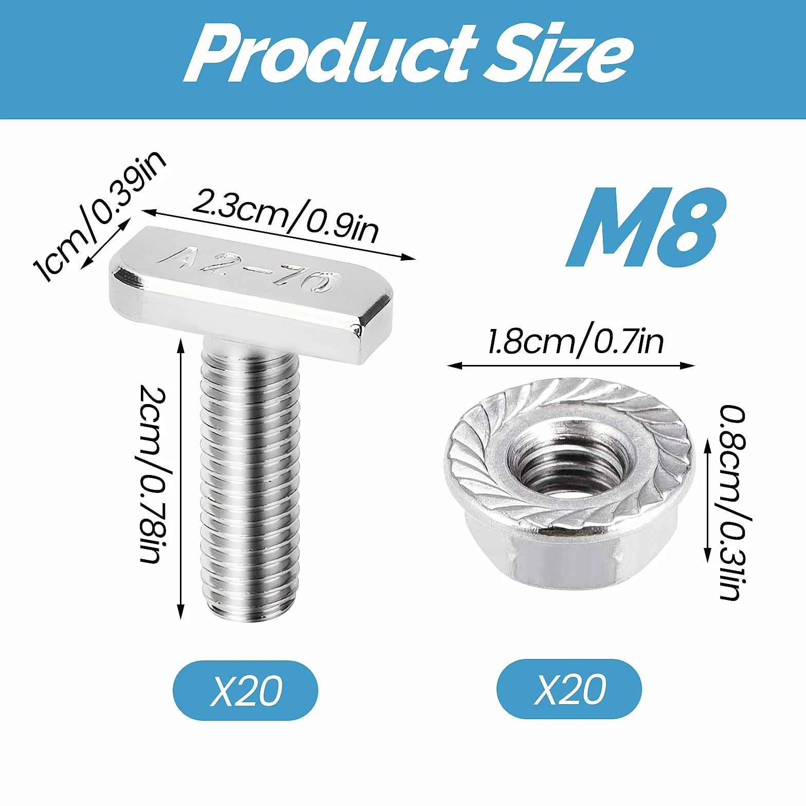 Zestaw 20 śrub z łbem młotkowym, śruby T z nakrętkami zębatymi blokującymi M8 x 20 mm ze stali nierdzewnej A2-70, nakrętki kołnierzowe M8, śruby do szyn montażowych PV Solar fotowoltaicznych szklarni