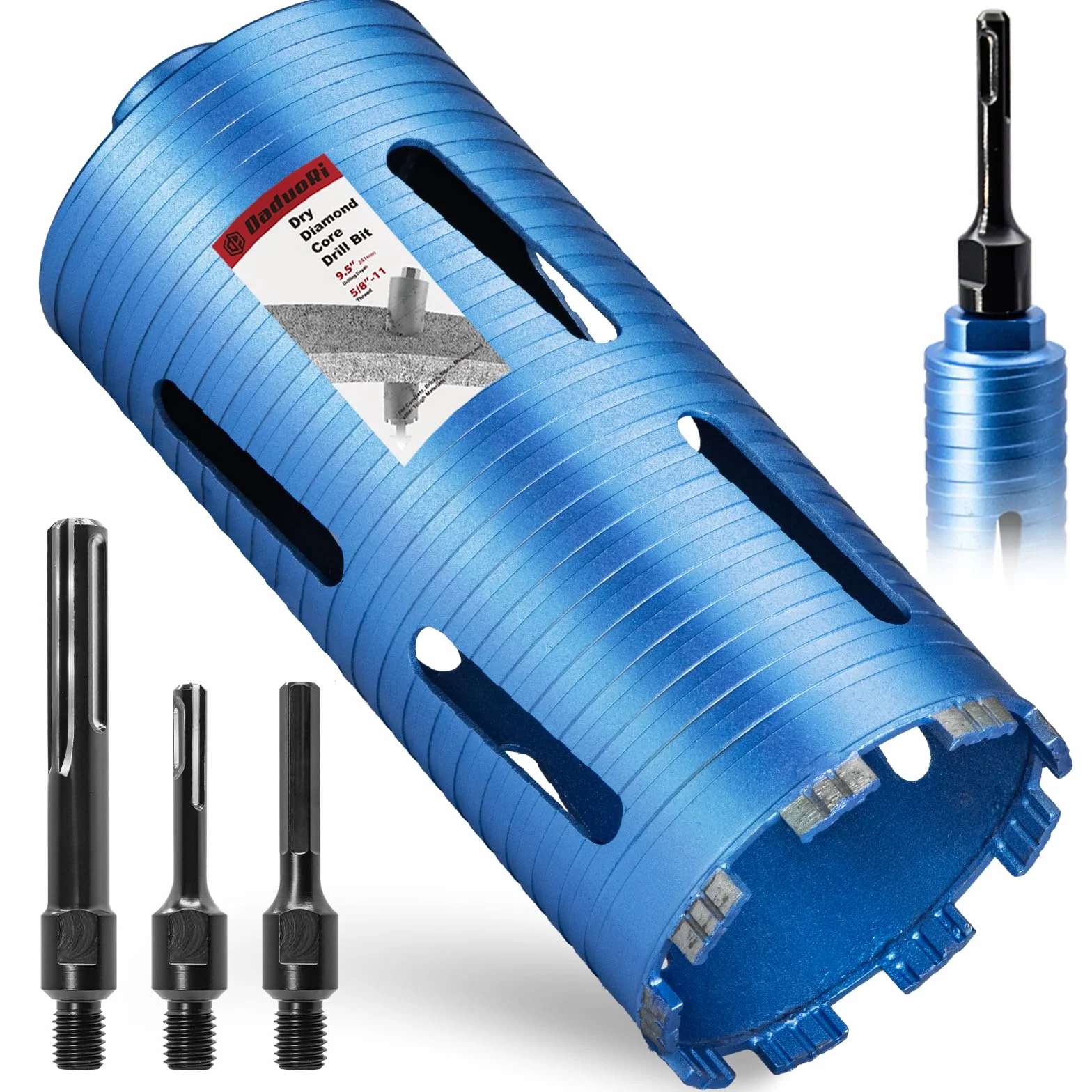 Wiertło rdzeniowe 1/2", gwint 5/8" do 11, w zestawie 3 adaptery: SDS Plus, SDS Max i trzpień sześciokątny 1/2 cala, głębokość wiertła 2,5 cm, wiertła